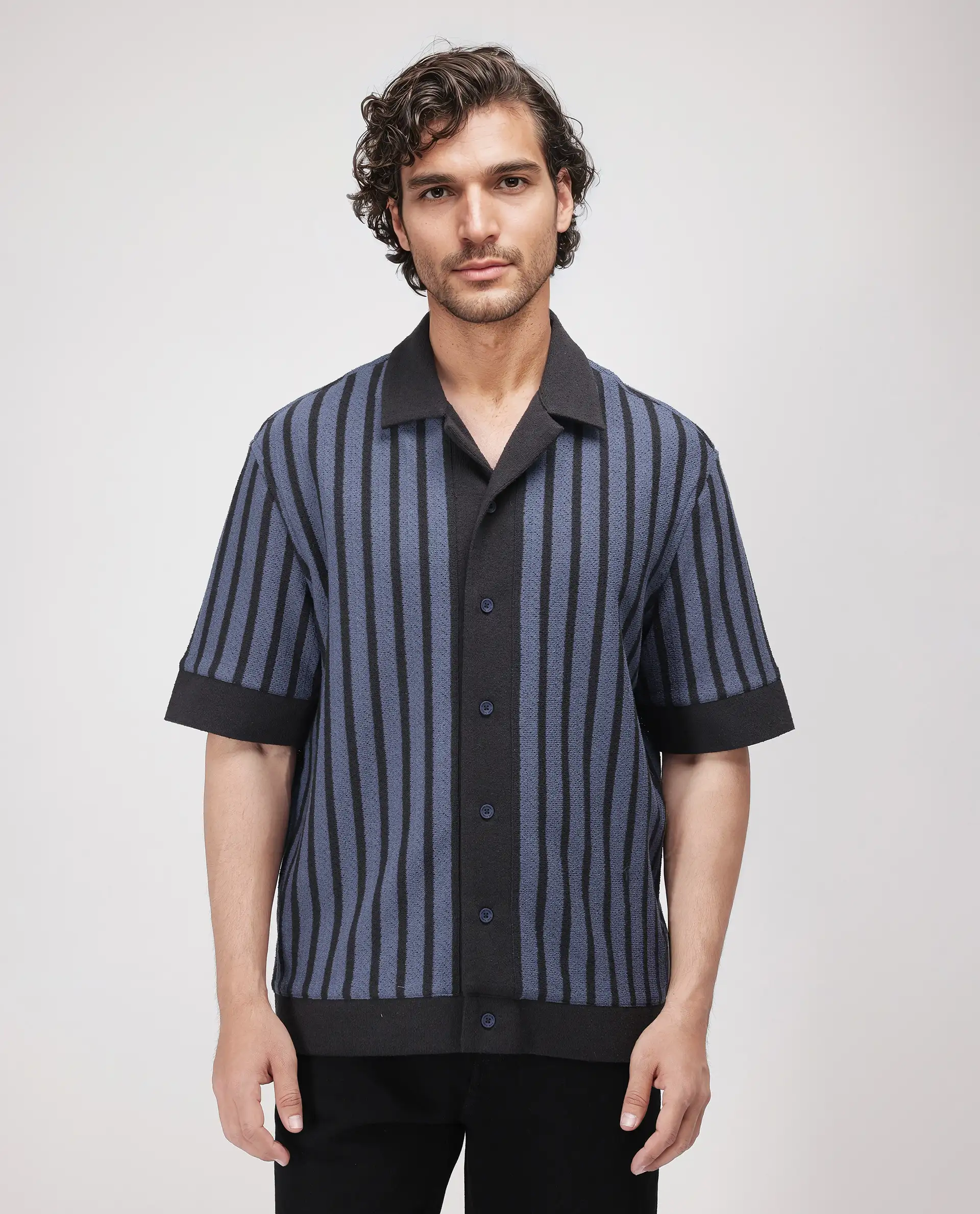 Rare Rabbit Men's Juno Dusky Blue Cotton Striped Print Boxy Fit Half Sleeve Cuban Collar Shirt - Image 2