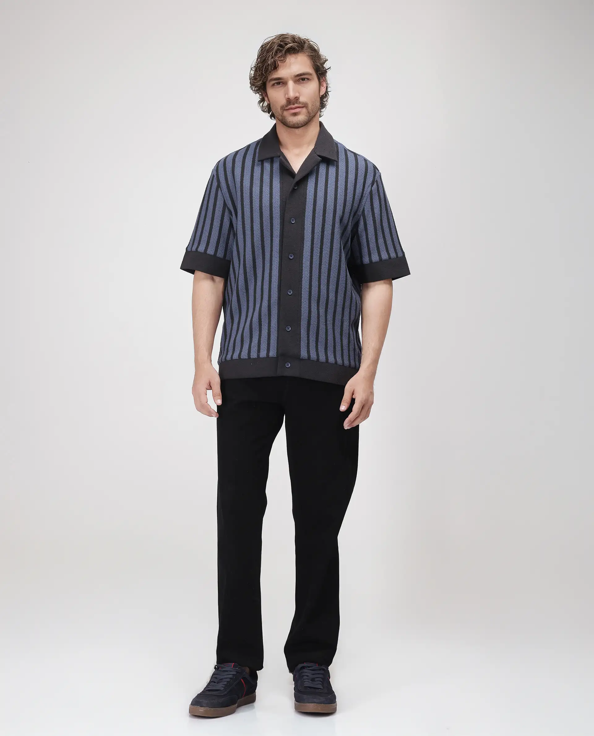 Rare Rabbit Men's Juno Dusky Blue Cotton Striped Print Boxy Fit Half Sleeve Cuban Collar Shirt - Image 3