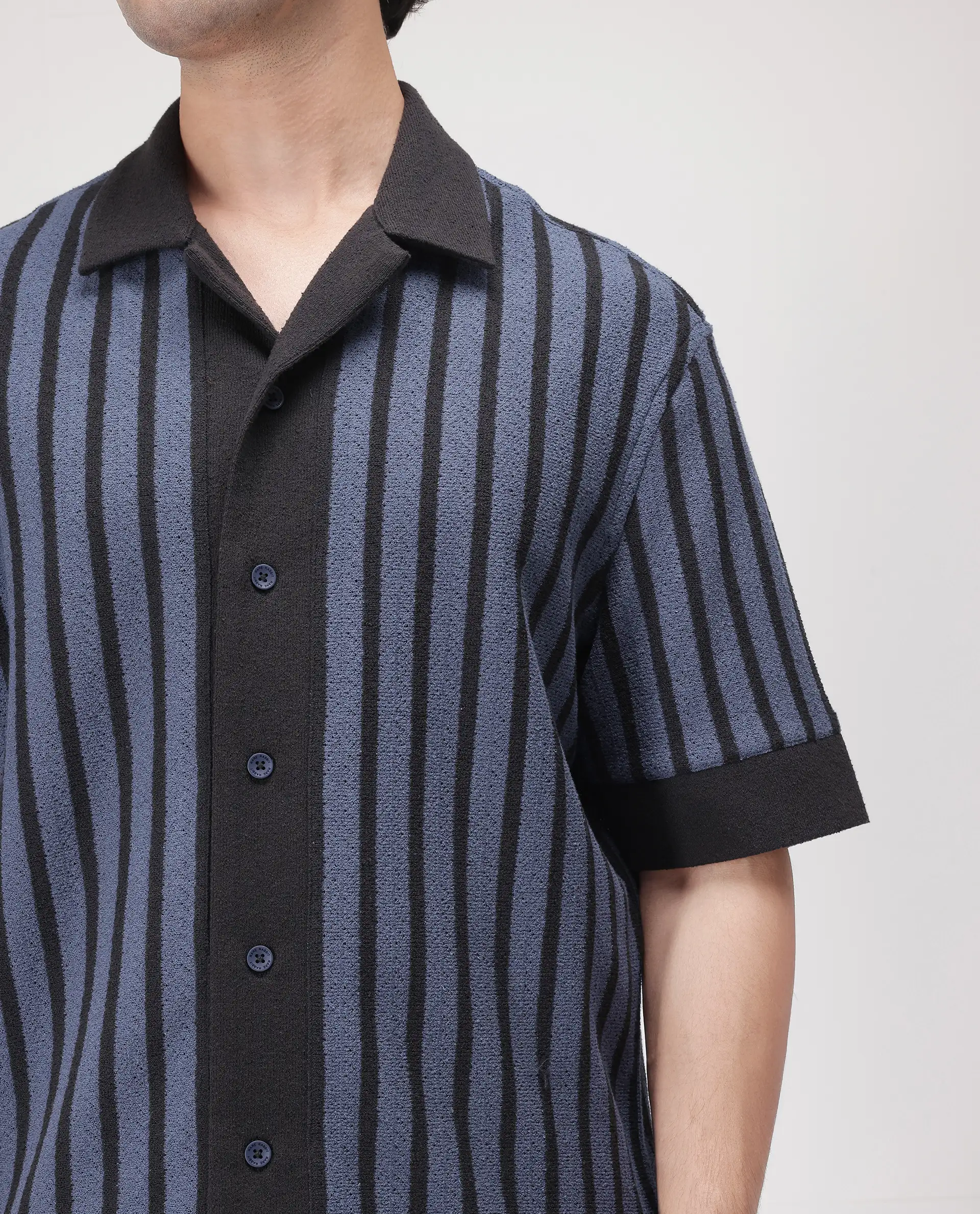 Rare Rabbit Men's Juno Dusky Blue Cotton Striped Print Boxy Fit Half Sleeve Cuban Collar Shirt - Image 4