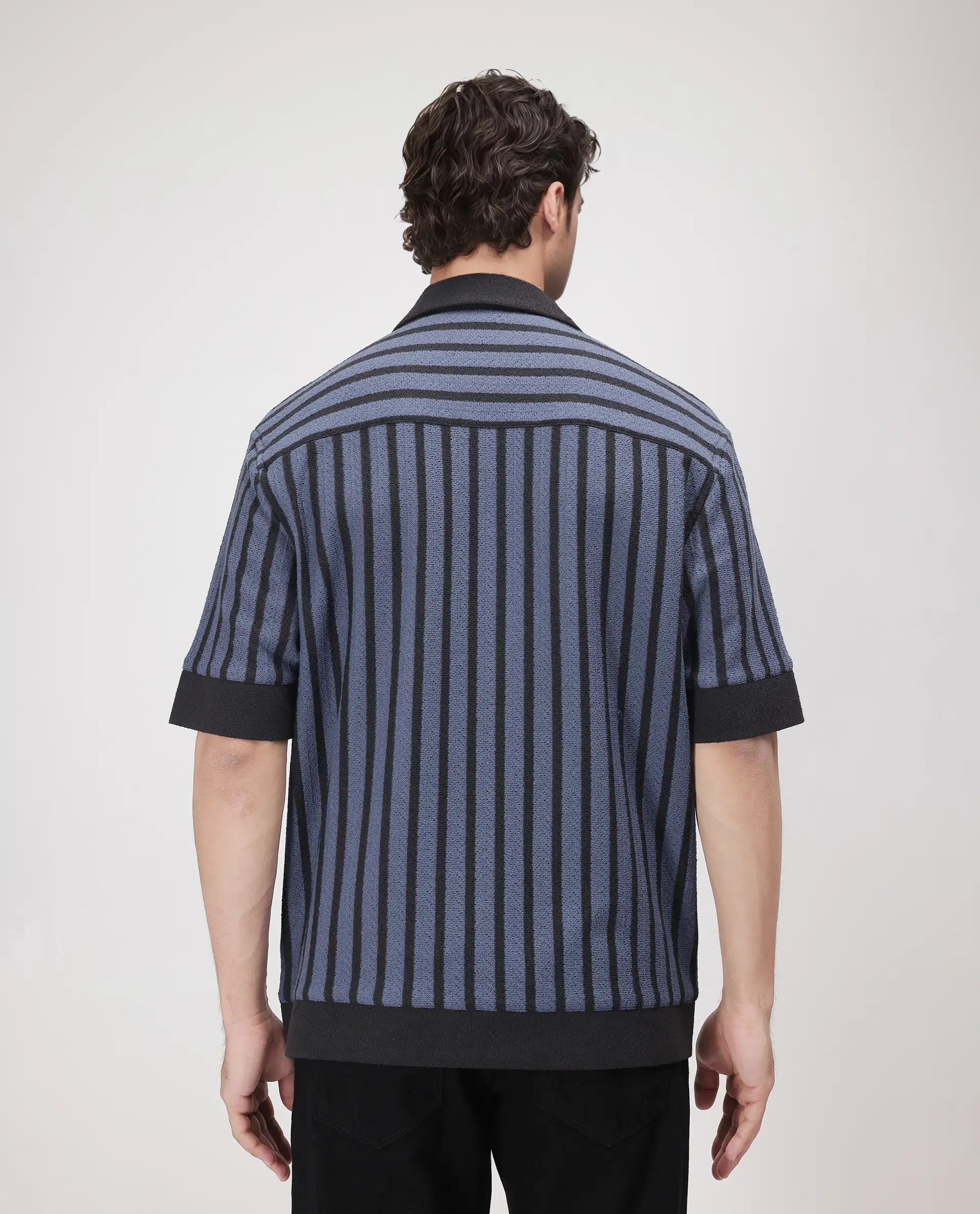 Rare Rabbit Men's Juno Dusky Blue Cotton Striped Print Boxy Fit Half Sleeve Cuban Collar Shirt - Image 5