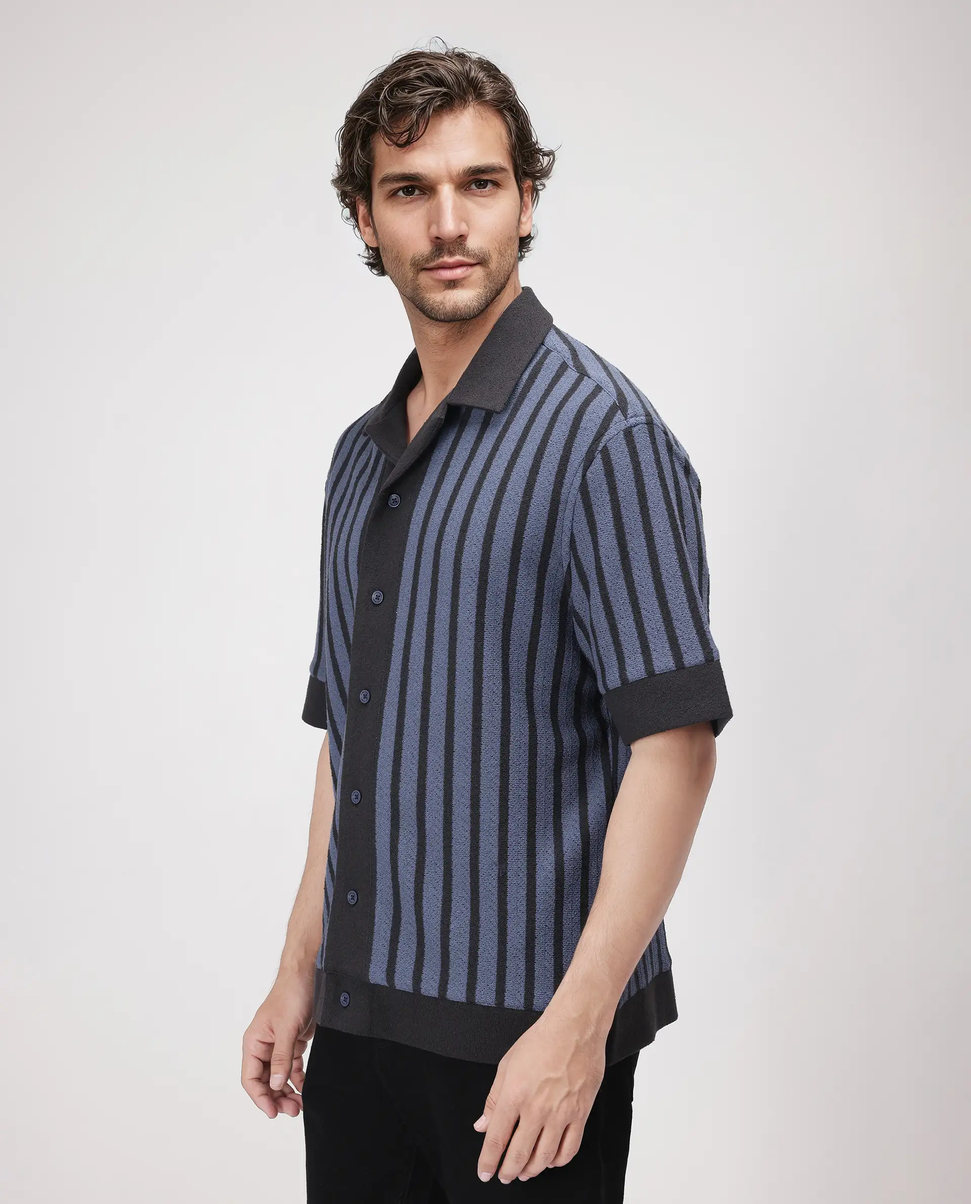 Rare Rabbit Men's Juno Dusky Blue Cotton Striped Print Boxy Fit Half Sleeve Cuban Collar Shirt - Image 6