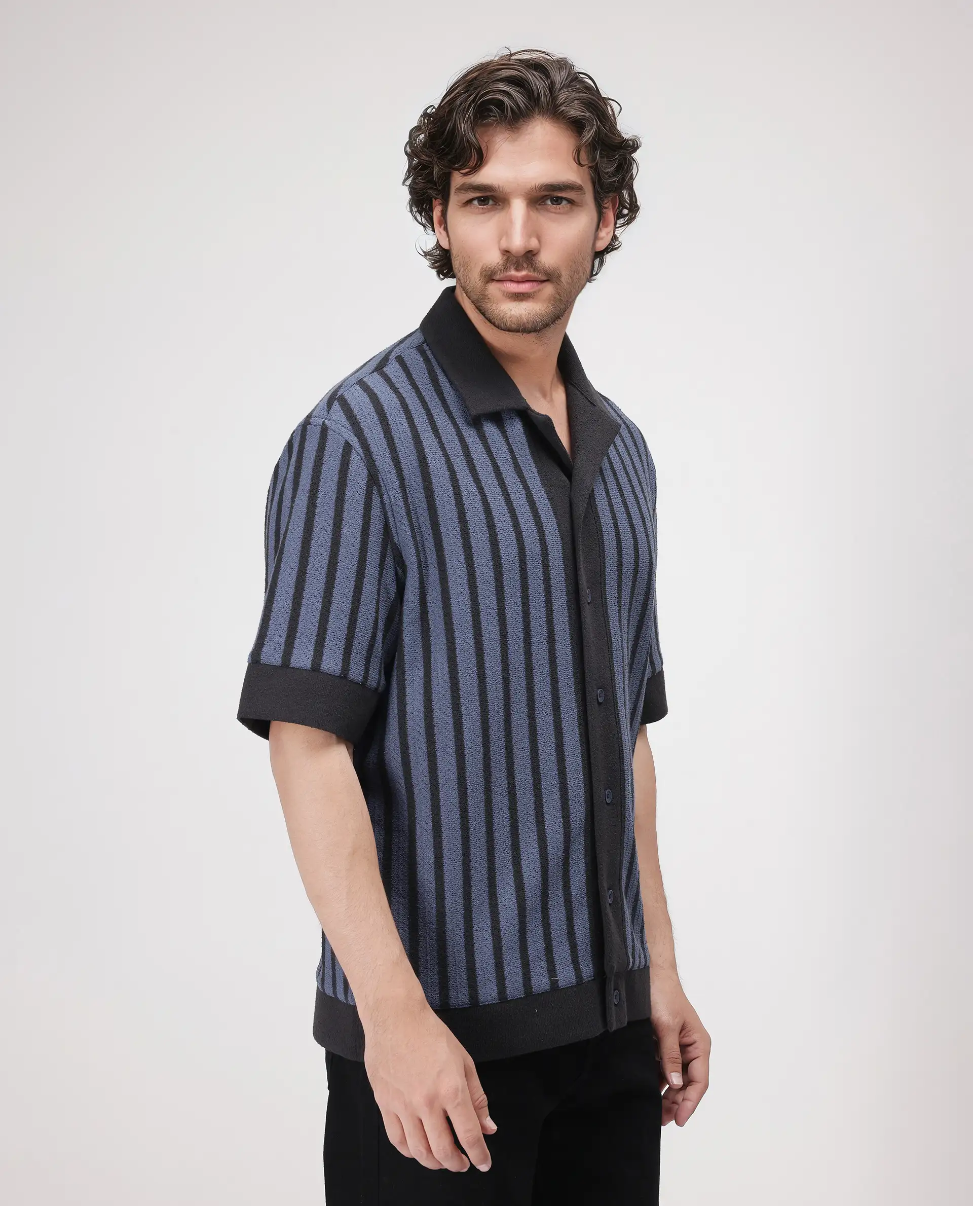 Rare Rabbit Men's Juno Dusky Blue Cotton Striped Print Boxy Fit Half Sleeve Cuban Collar Shirt - Image 7