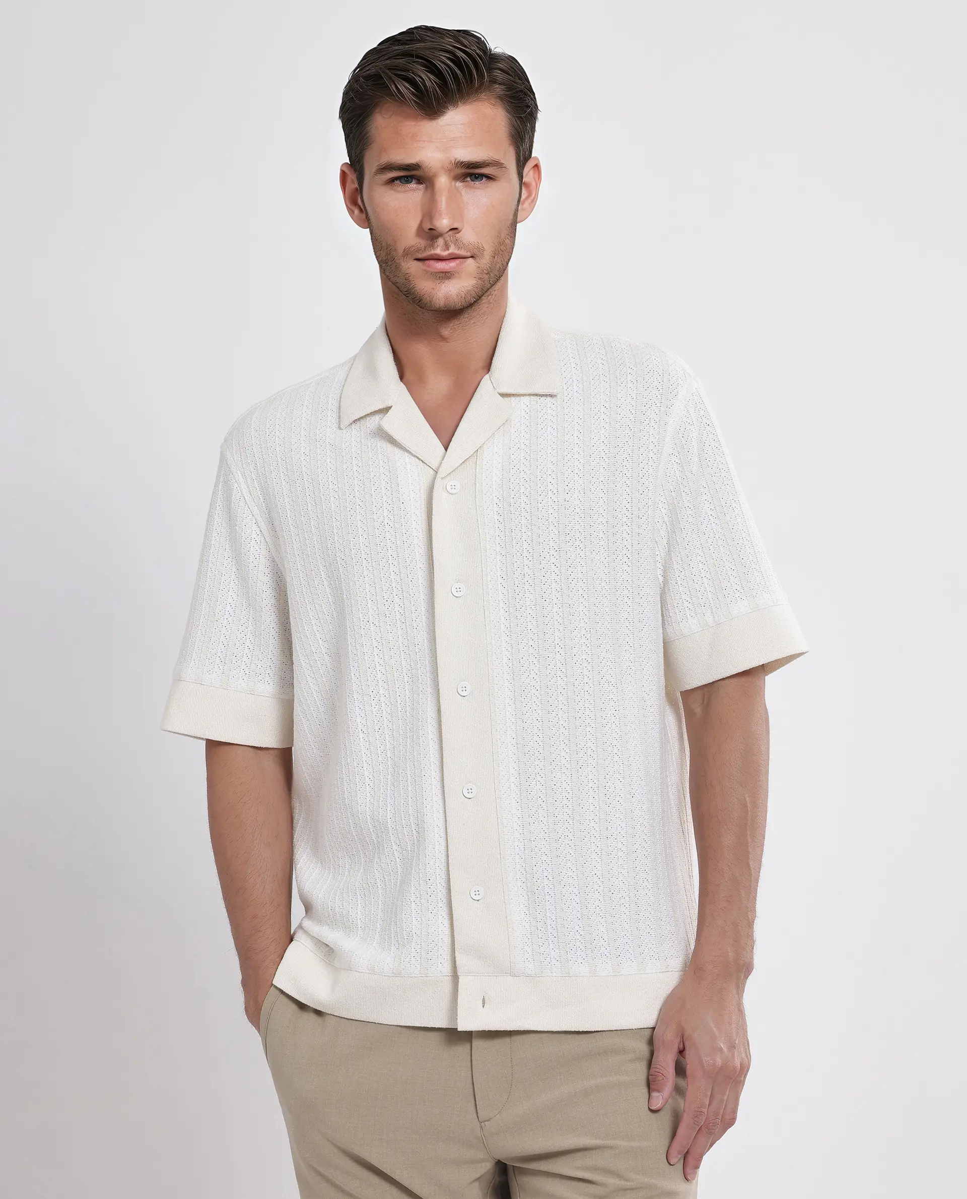 Rare Rabbit Men's Juno Off White Cotton Textured Boxy Fit Half Sleeve Cuban Collar Shirt - Image 2