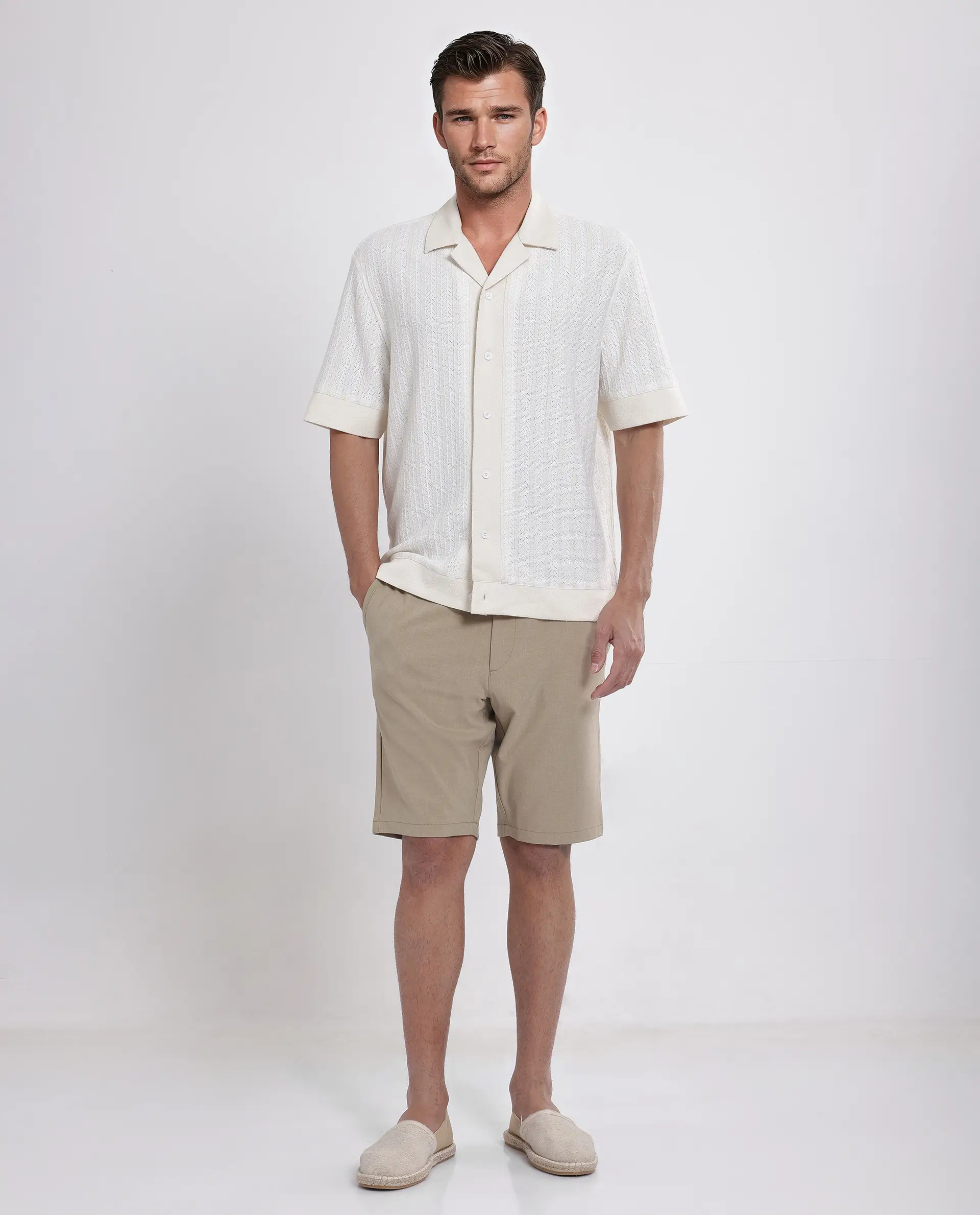 Rare Rabbit Men's Juno Off White Cotton Textured Boxy Fit Half Sleeve Cuban Collar Shirt - Image 3