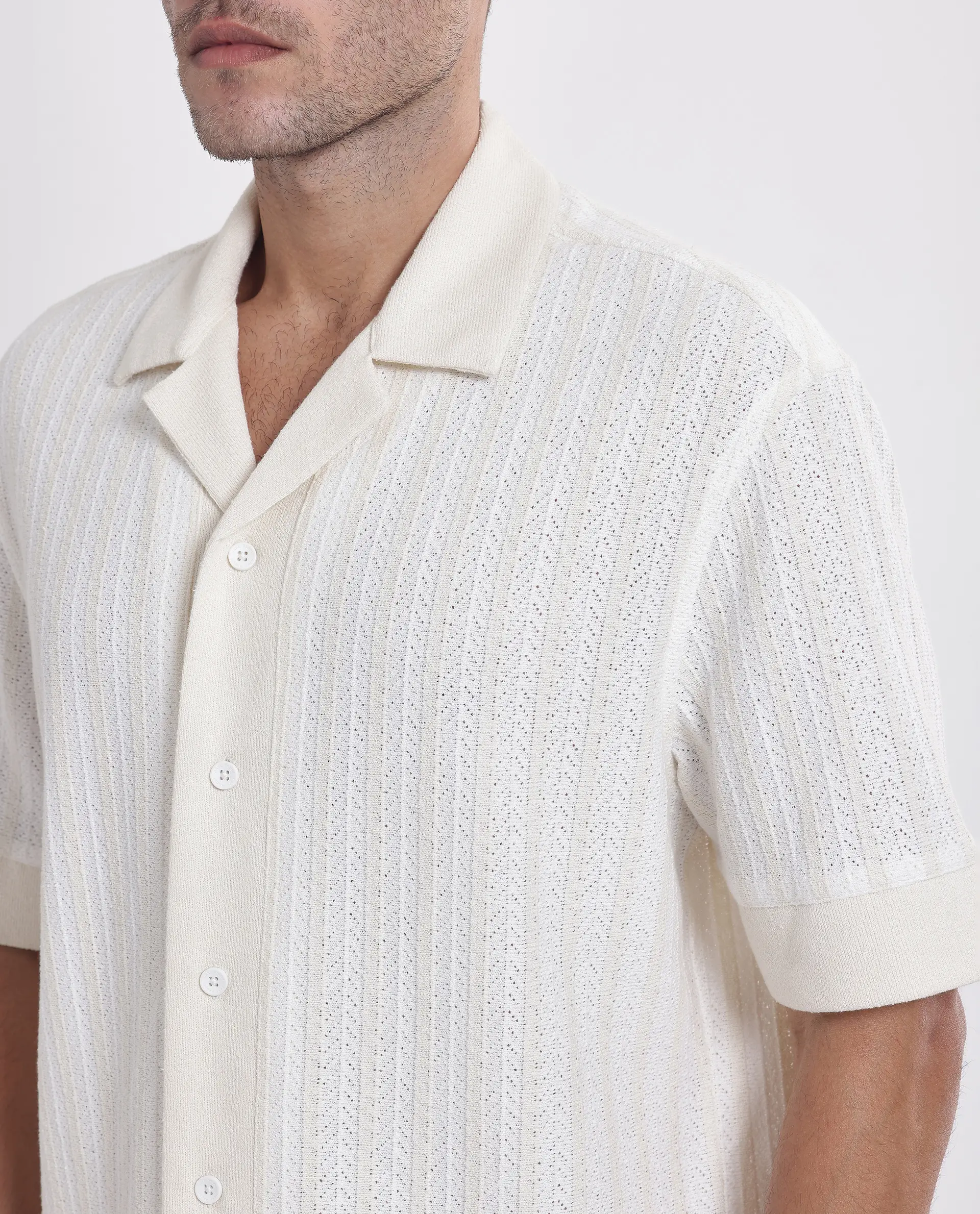 Rare Rabbit Men's Juno Off White Cotton Textured Boxy Fit Half Sleeve Cuban Collar Shirt - Image 4