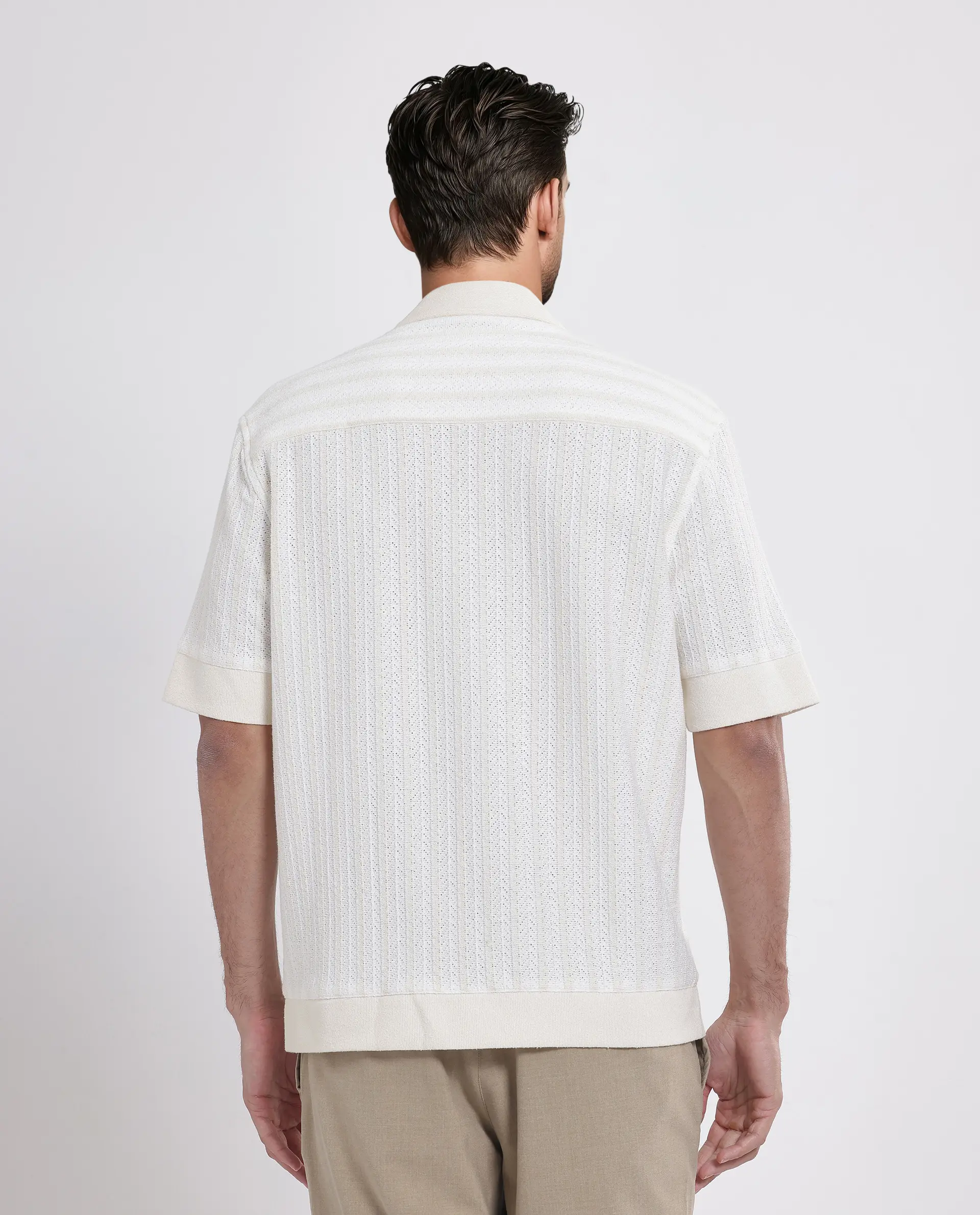 Rare Rabbit Men's Juno Off White Cotton Textured Boxy Fit Half Sleeve Cuban Collar Shirt - Image 5