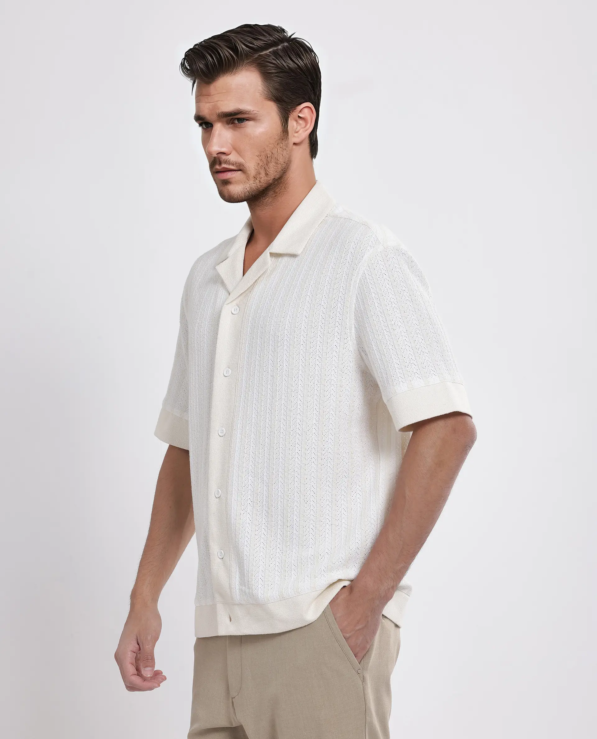 Rare Rabbit Men's Juno Off White Cotton Textured Boxy Fit Half Sleeve Cuban Collar Shirt - Image 6