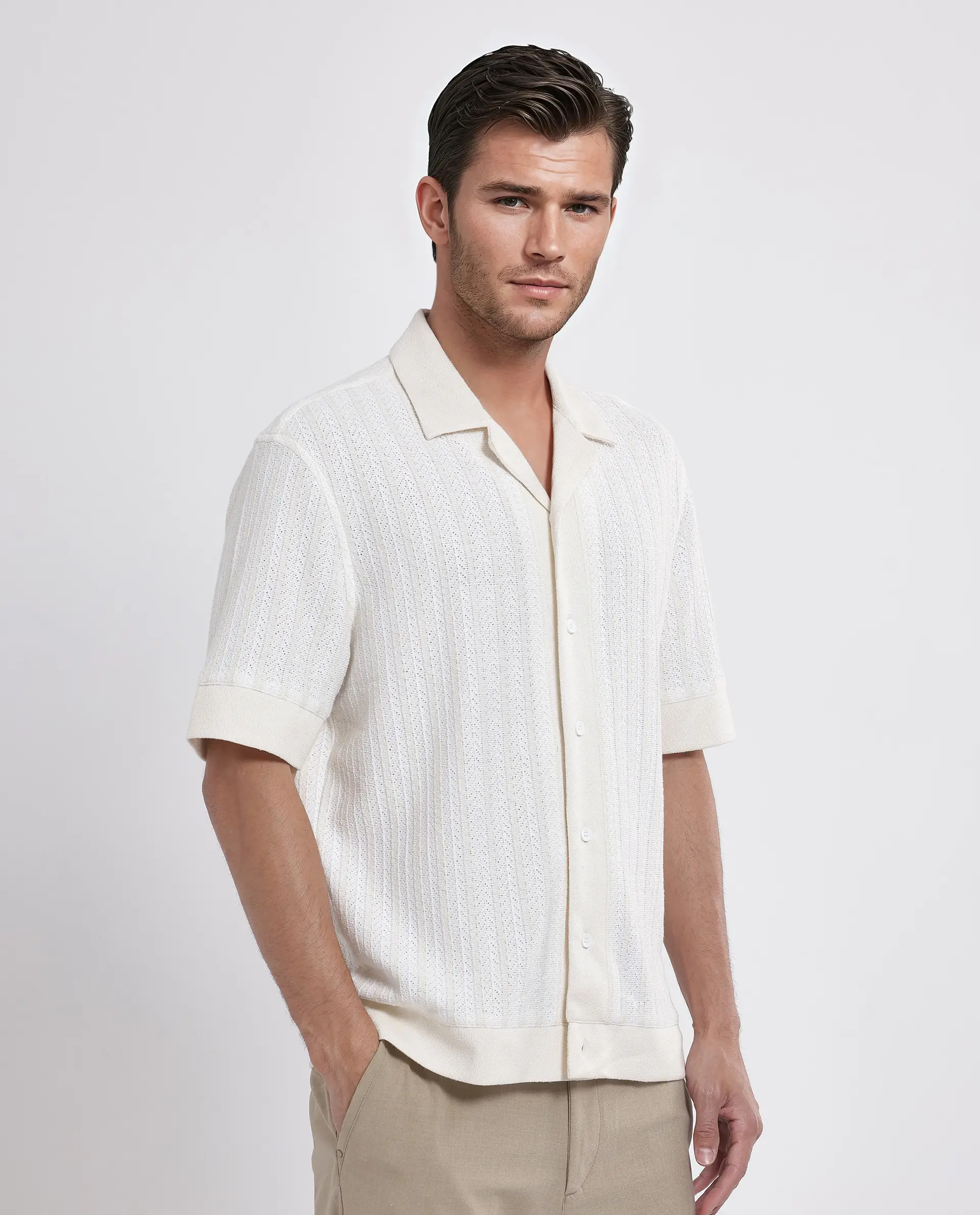 Rare Rabbit Men's Juno Off White Cotton Textured Boxy Fit Half Sleeve Cuban Collar Shirt - Image 7