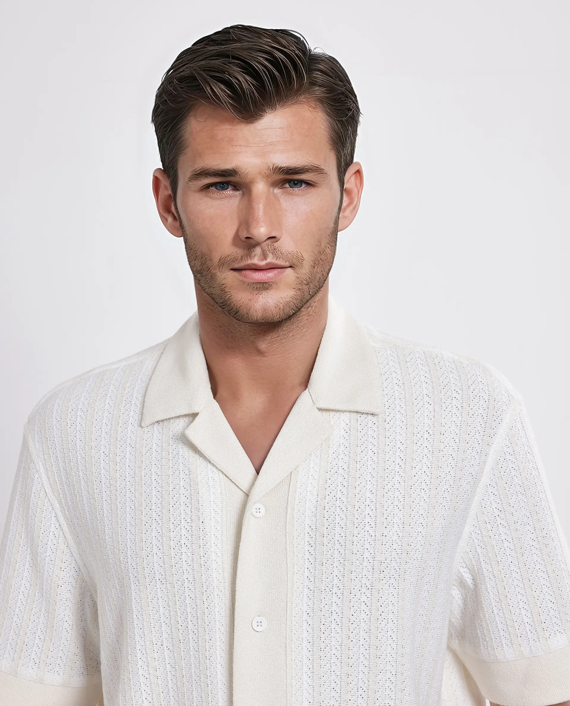 Rare Rabbit Men's Juno Off White Cotton Textured Boxy Fit Half Sleeve Cuban Collar Shirt - Image 8