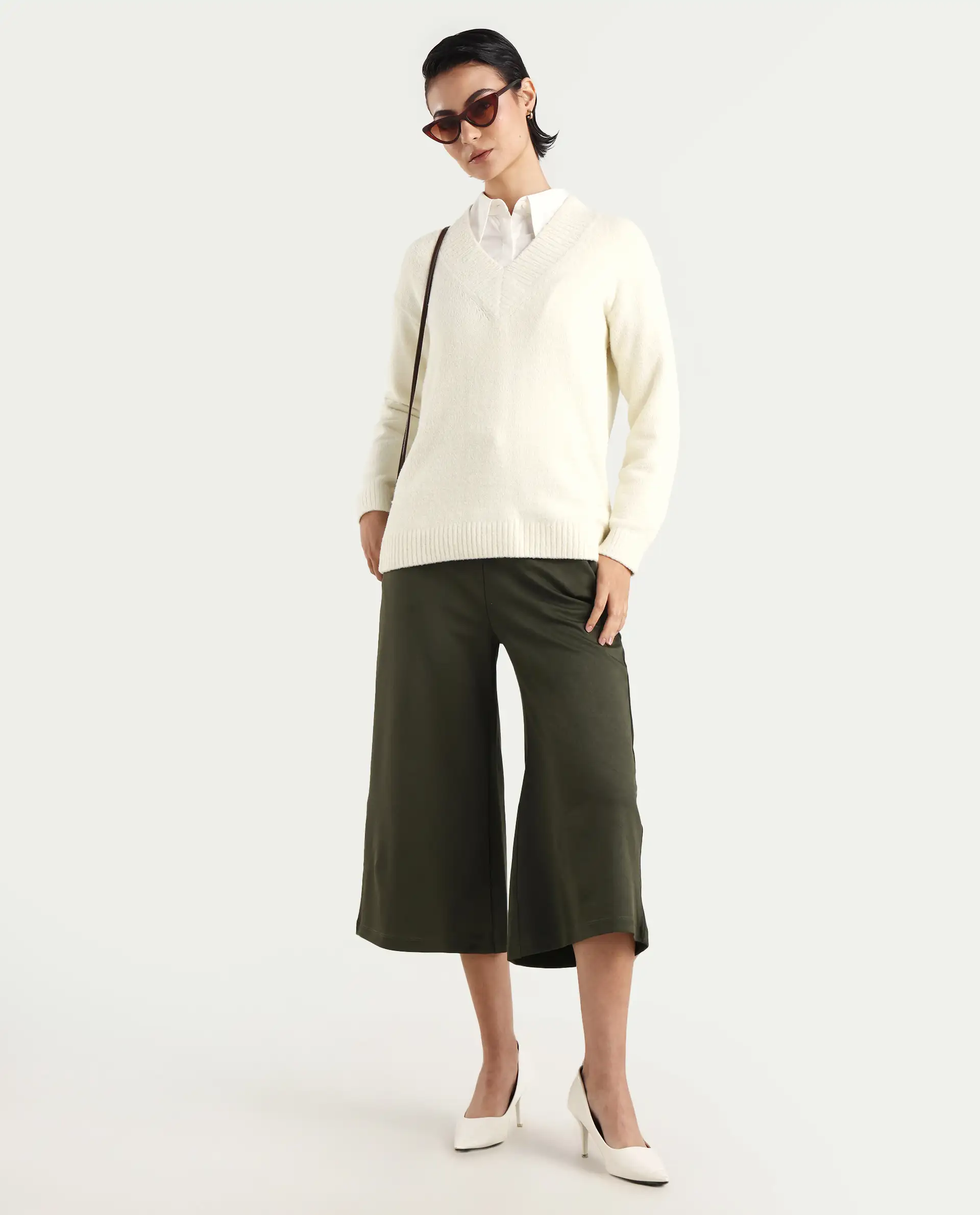 Rareism Women's Juno Off White Nylon V-Neck Plain Relaxed Fit Sweater - Image 2
