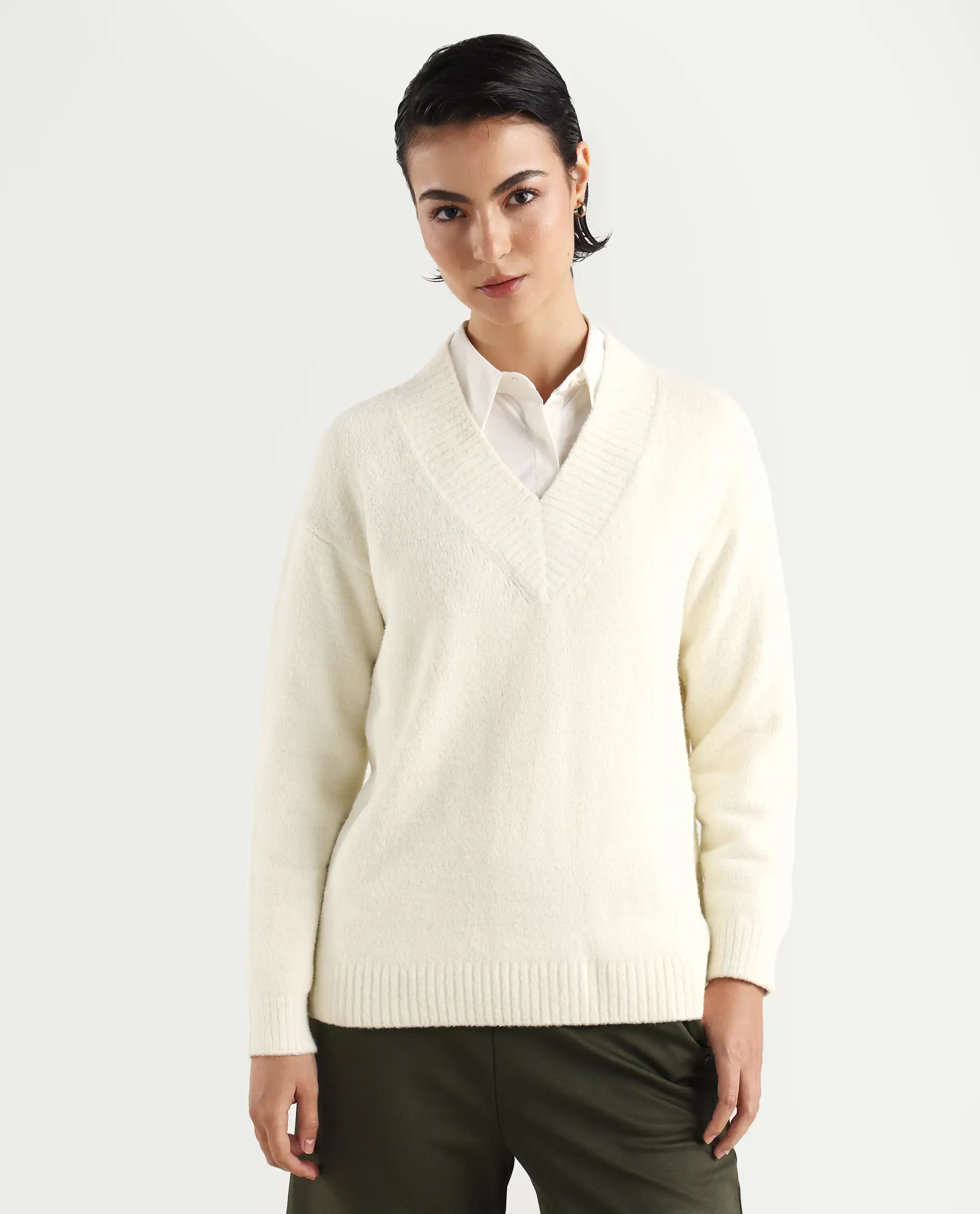 Rareism Women's Juno Off White Nylon V-Neck Plain Relaxed Fit Sweater - Image 3