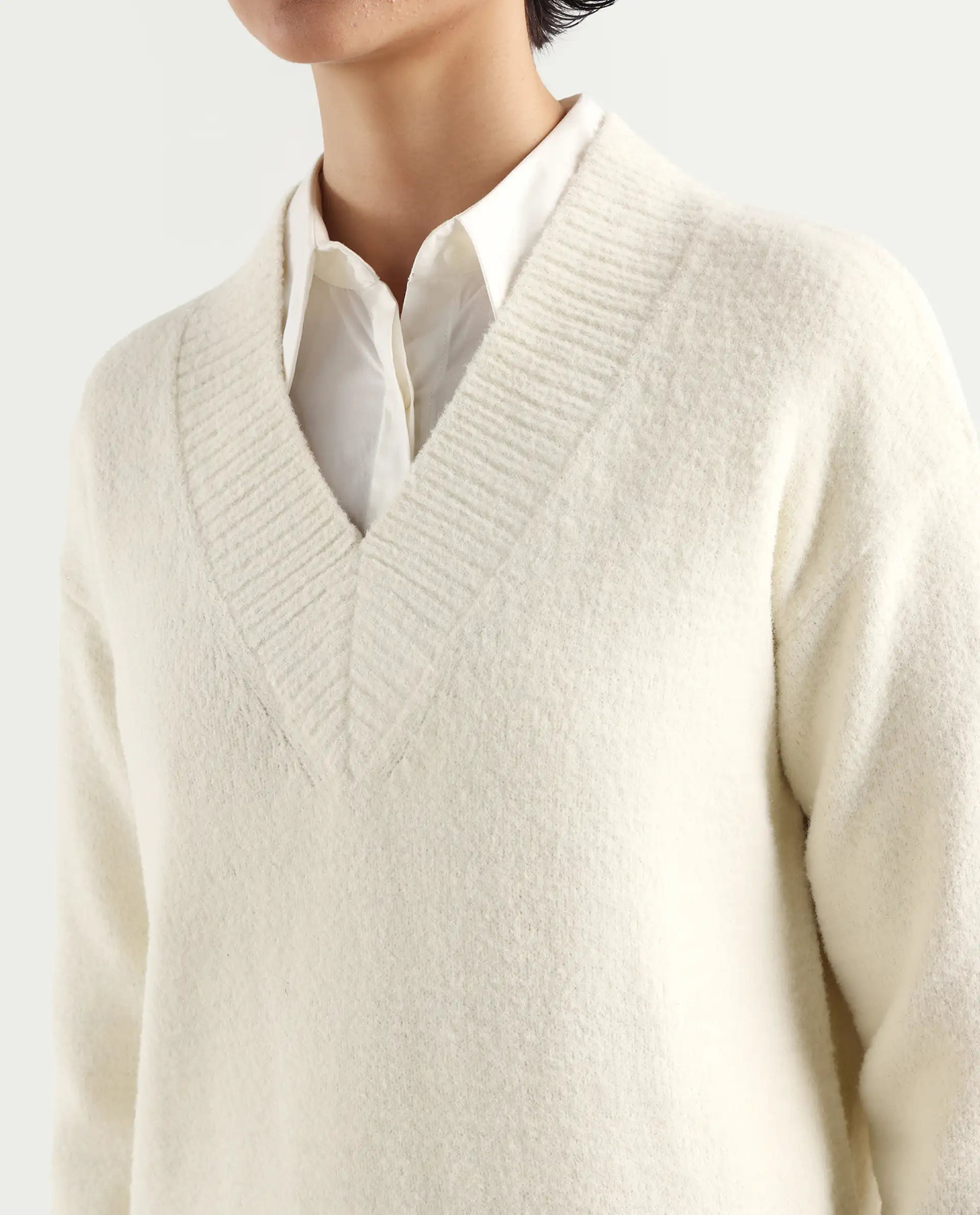 Rareism Women's Juno Off White Nylon V-Neck Plain Relaxed Fit Sweater - Image 4
