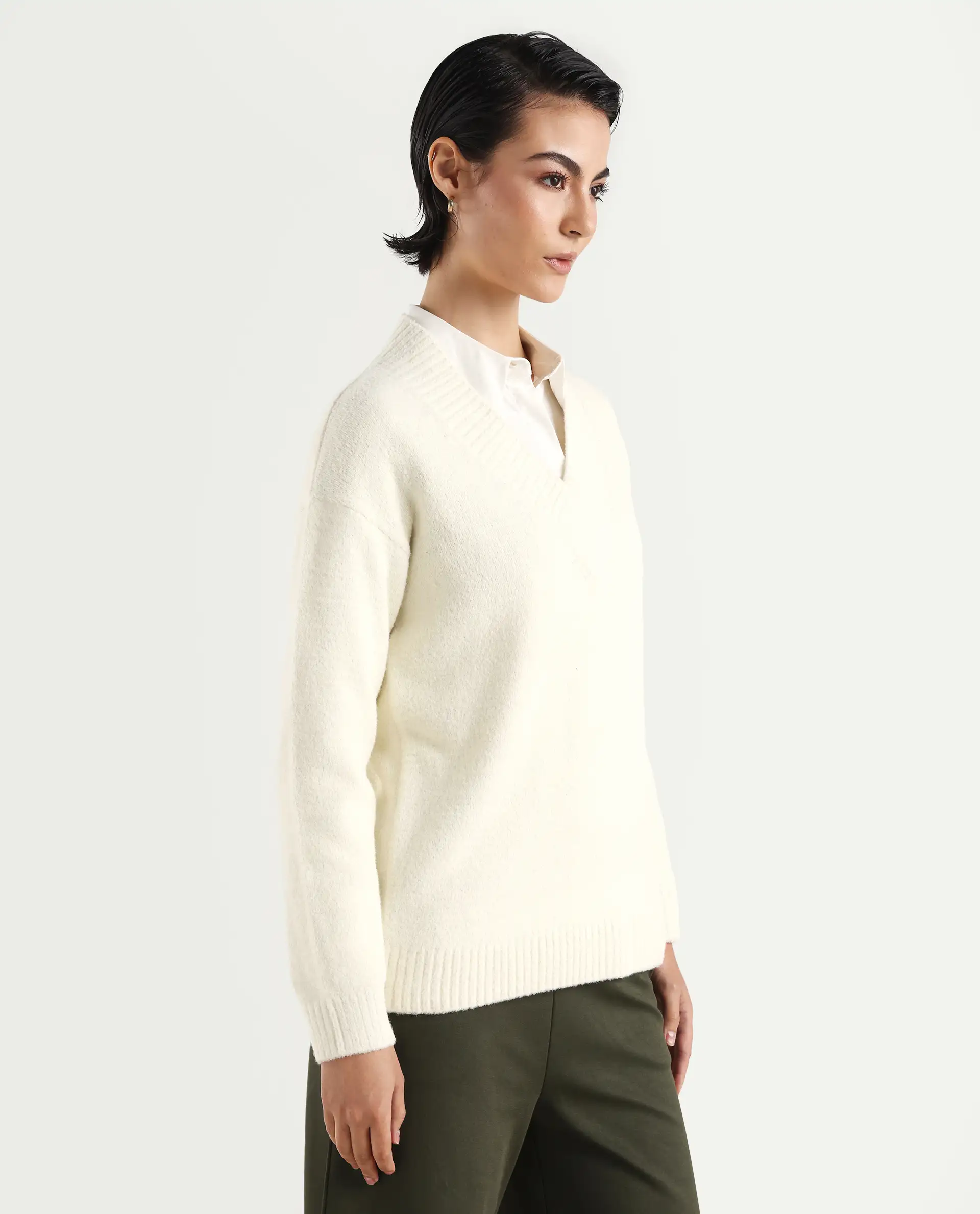 Rareism Women's Juno Off White Nylon V-Neck Plain Relaxed Fit Sweater - Image 6