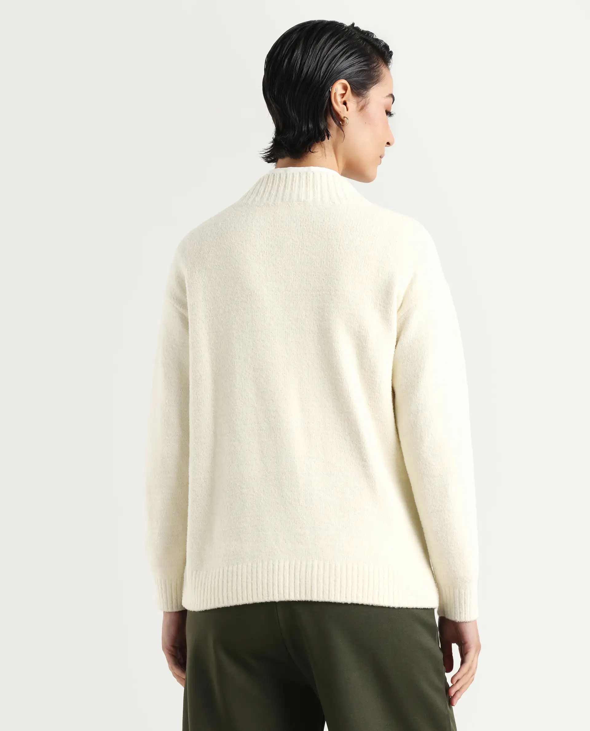 Rareism Women's Juno Off White Nylon V-Neck Plain Relaxed Fit Sweater - Image 7