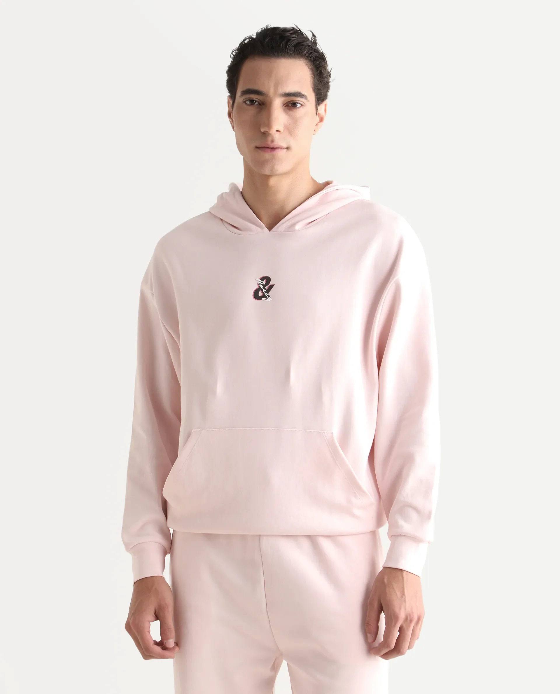 Rare Rabbit Men's Junol Pastel Pink Cotton Blend Embroidered Boxy Fit Full Sleeve Hooded Sweatshirt - Image 3