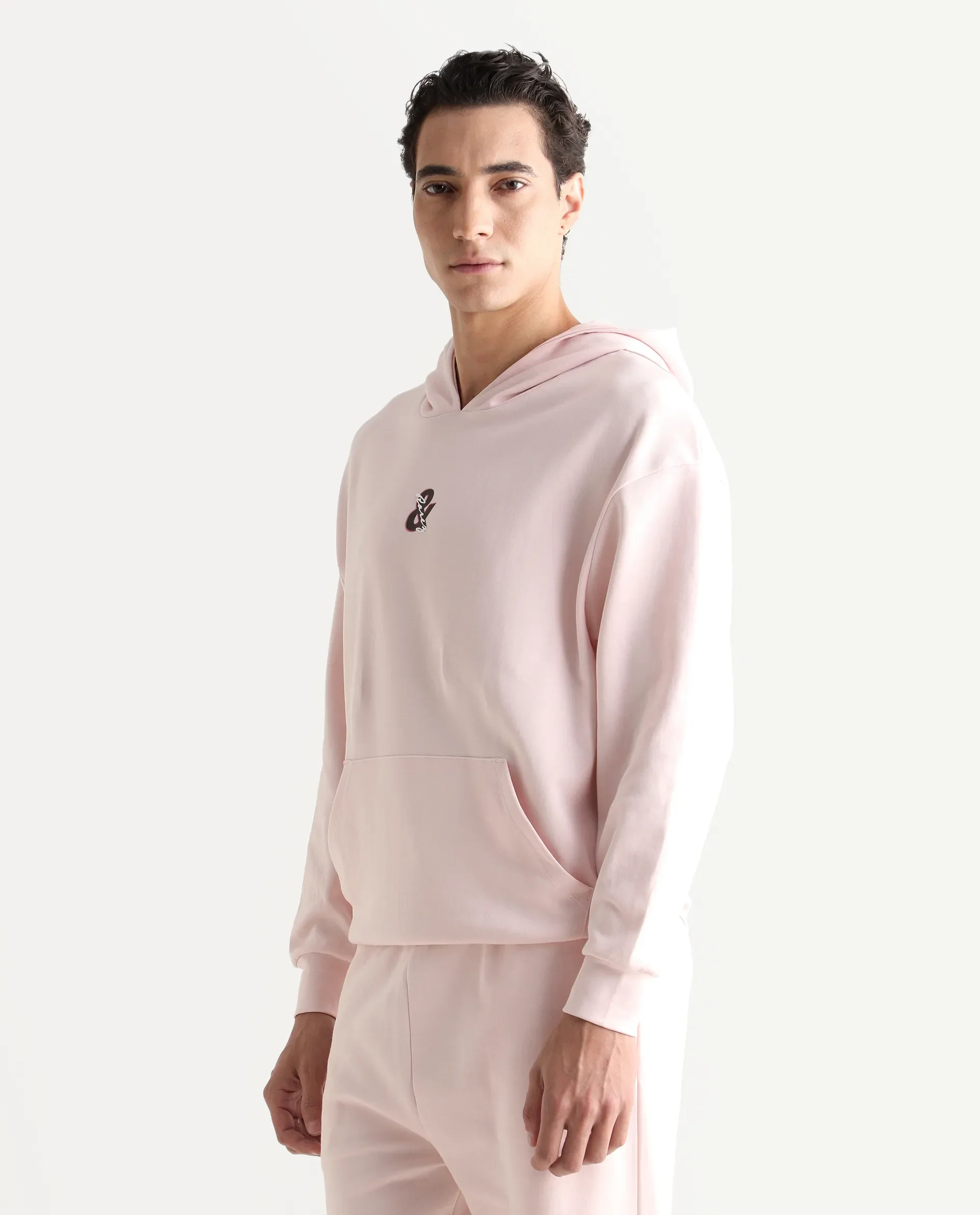 Rare Rabbit Men's Junol Pastel Pink Cotton Blend Embroidered Boxy Fit Full Sleeve Hooded Sweatshirt - Image 5