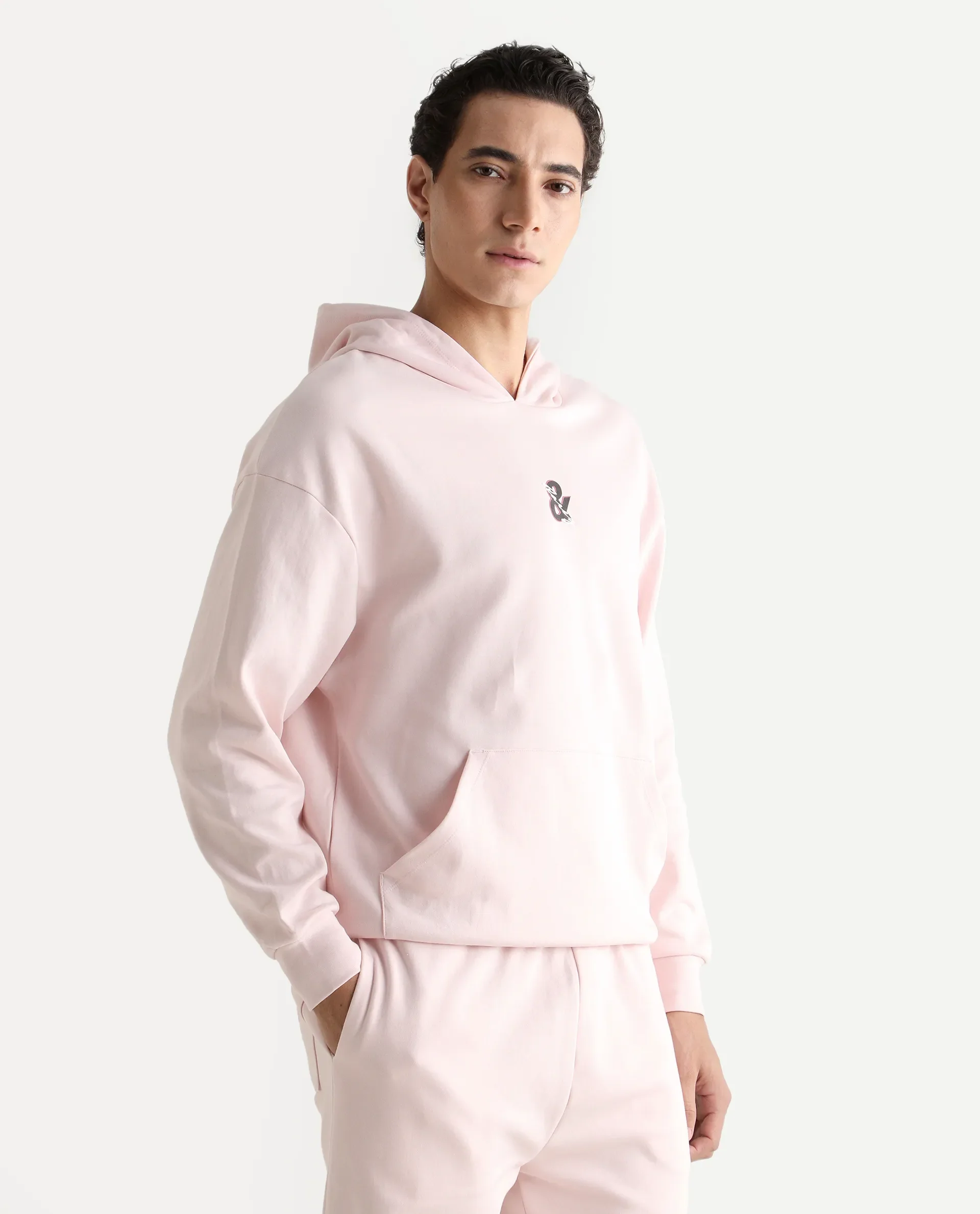 Rare Rabbit Men's Junol Pastel Pink Cotton Blend Embroidered Boxy Fit Full Sleeve Hooded Sweatshirt - Image 6