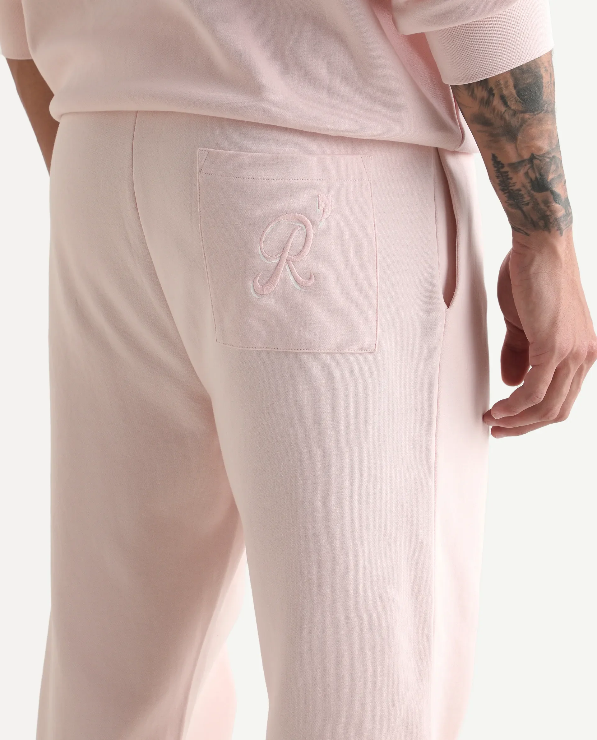 Rare Rabbit Men's Junolt-B Pastel Pink Cotton Blend Embroidered Regular Fit Track Pant - Image 5