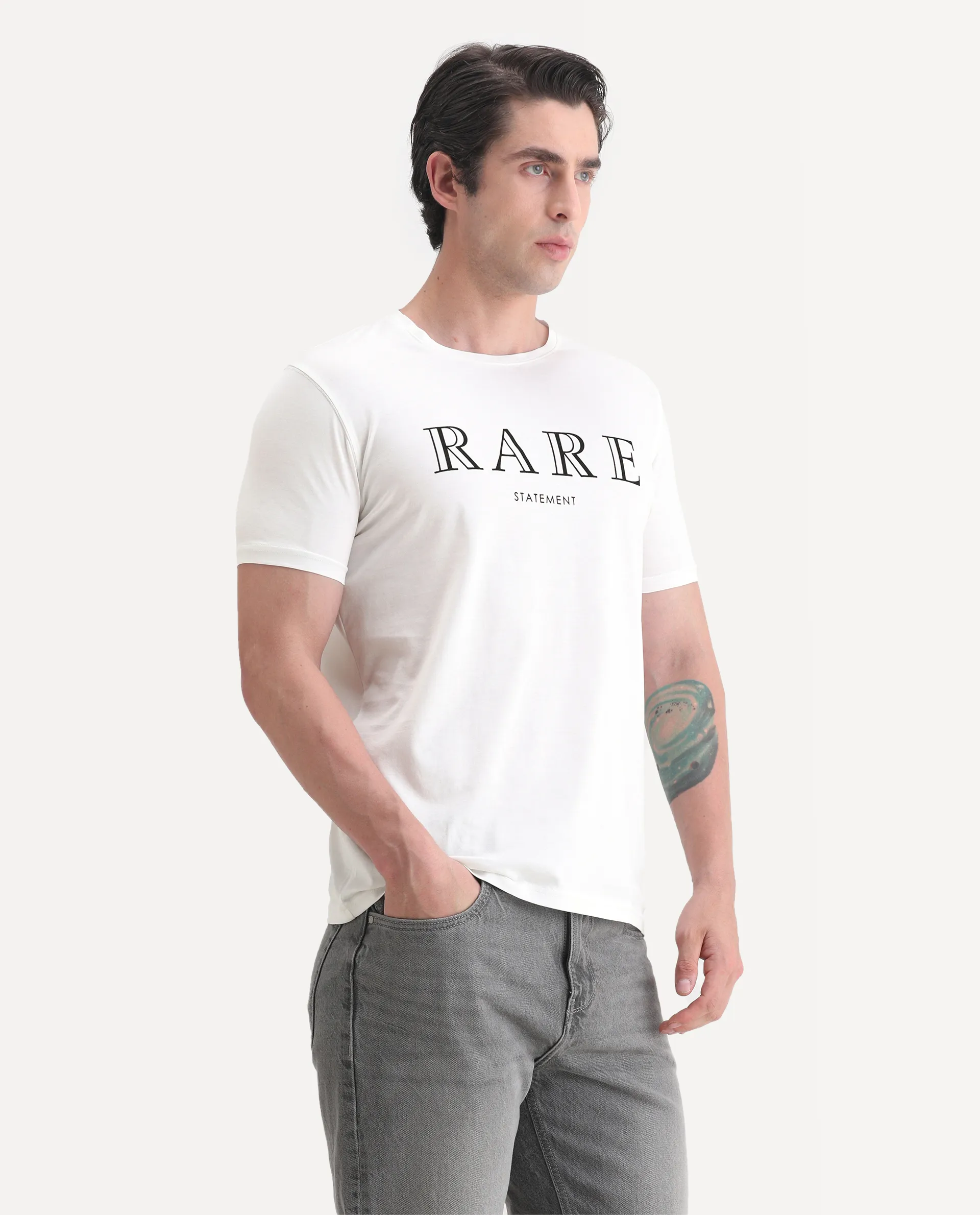 Rare Rabbit Men's Junot White Cotton Graphic Print Regular Fit Half Sleeve Crew Neck T-Shirt - Image 4