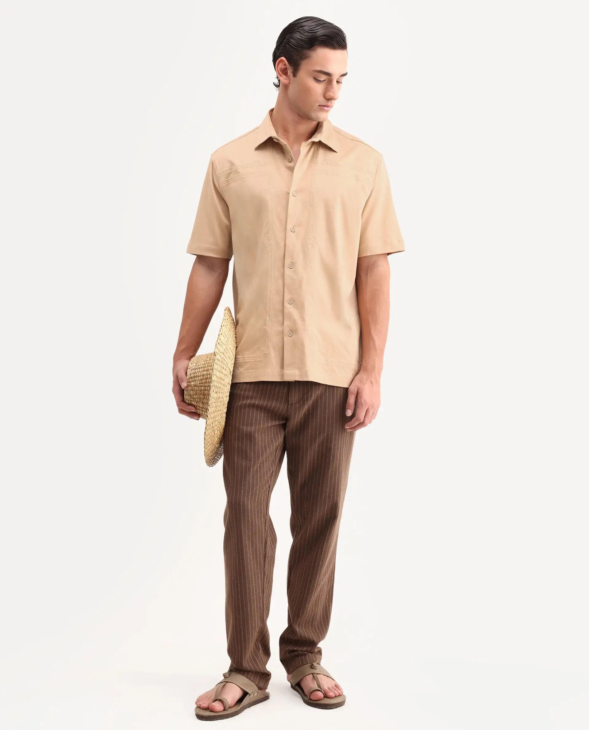 Rare Rabbit Men's Jupi Beige Cotton Fabric Spread Collar Regular Fit Embroidered Shirt - Image 2