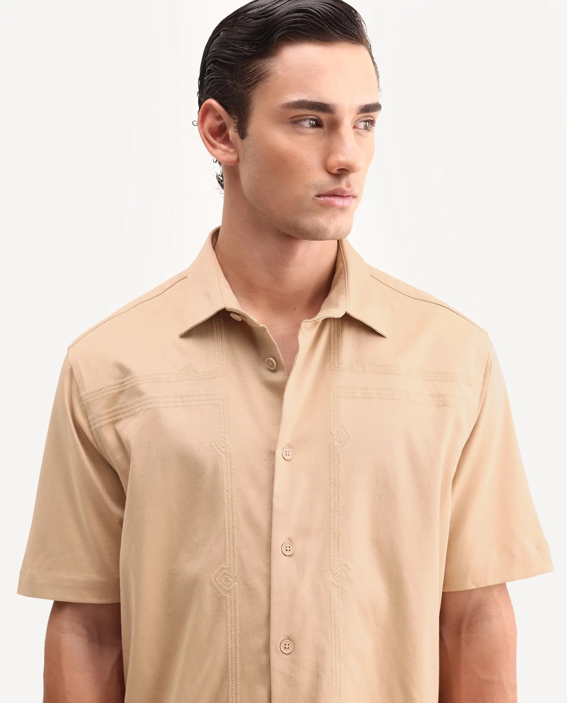 Rare Rabbit Men's Jupi Beige Cotton Fabric Spread Collar Regular Fit Embroidered Shirt - Image 3