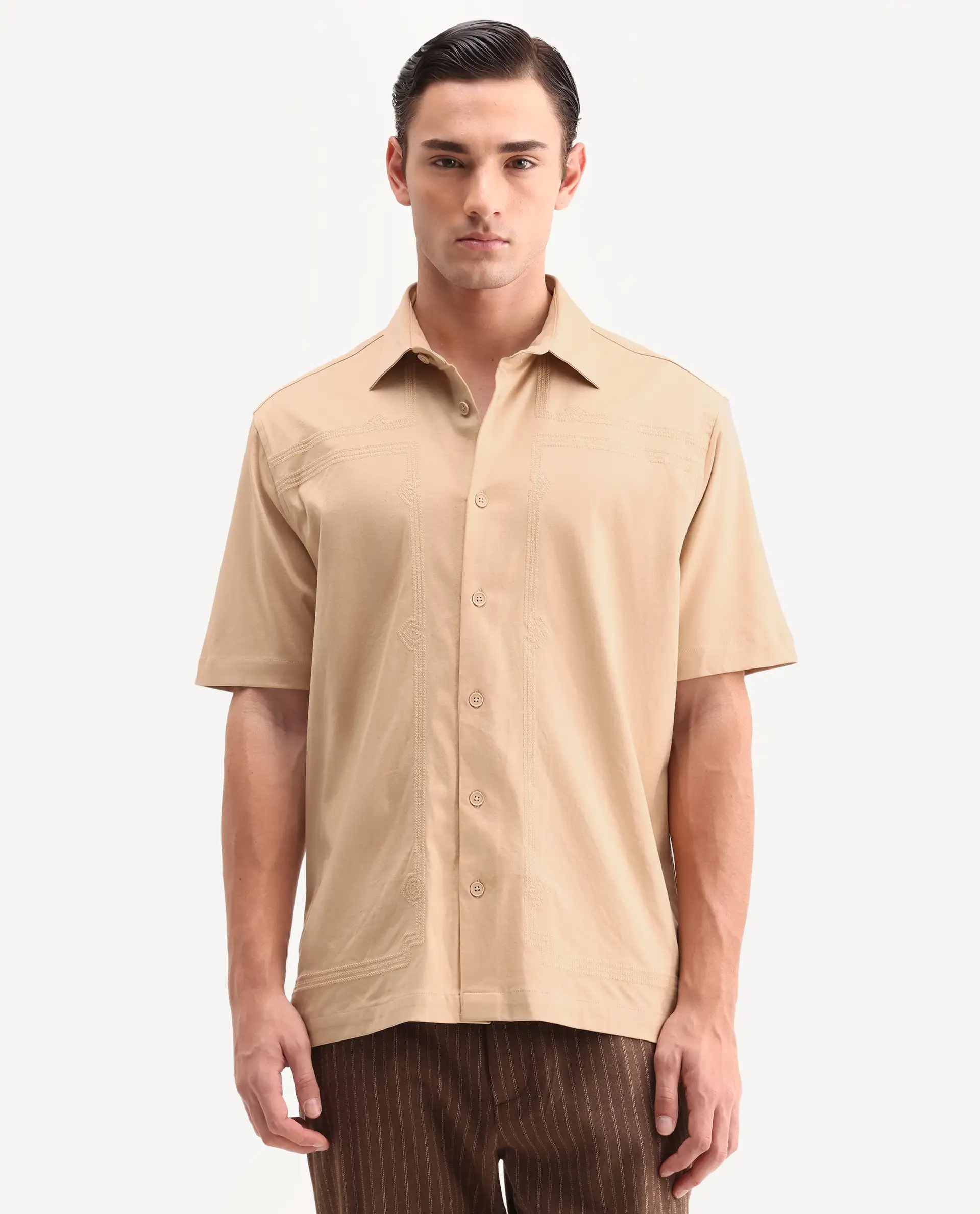 Rare Rabbit Men's Jupi Beige Cotton Fabric Spread Collar Regular Fit Embroidered Shirt - Image 4