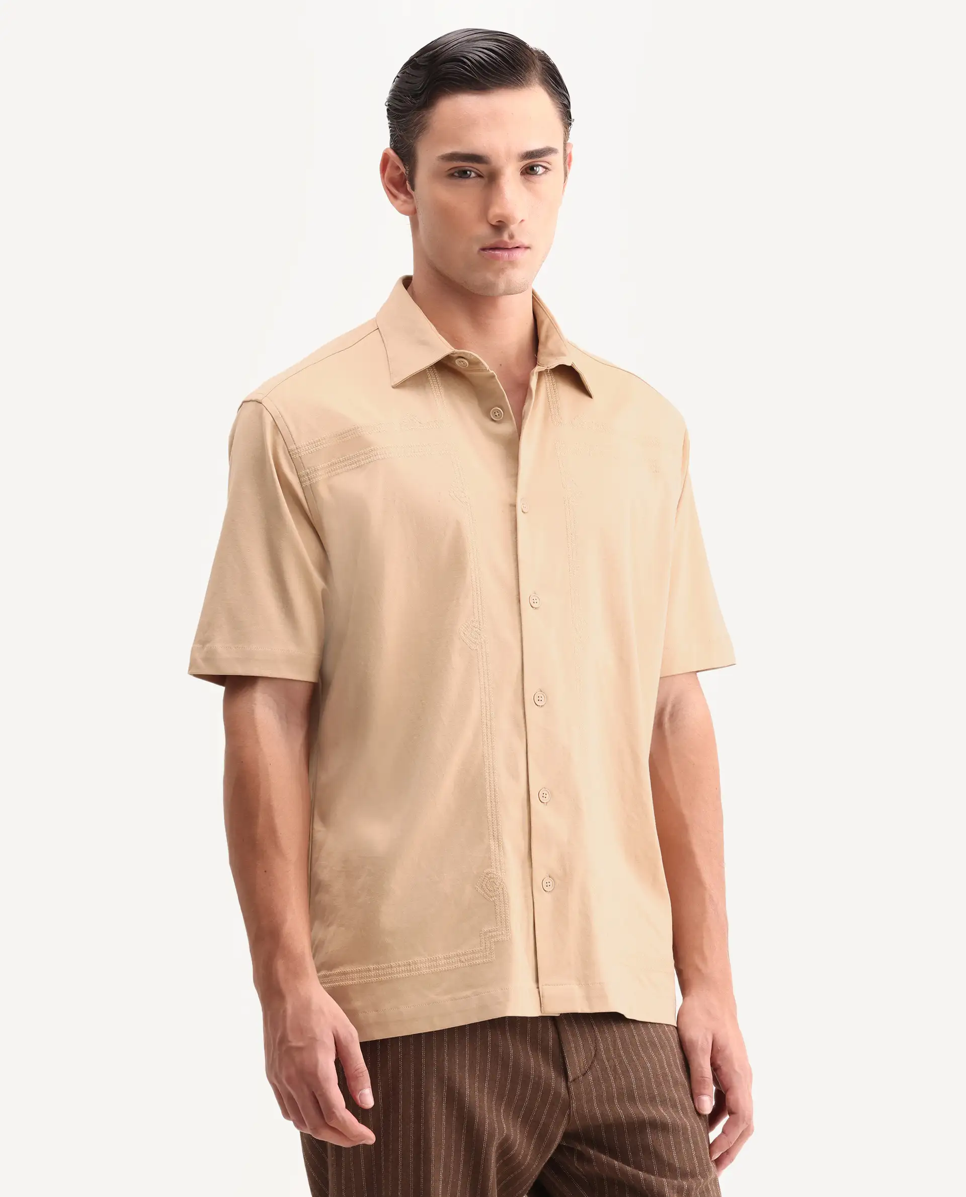 Rare Rabbit Men's Jupi Beige Cotton Fabric Spread Collar Regular Fit Embroidered Shirt - Image 5