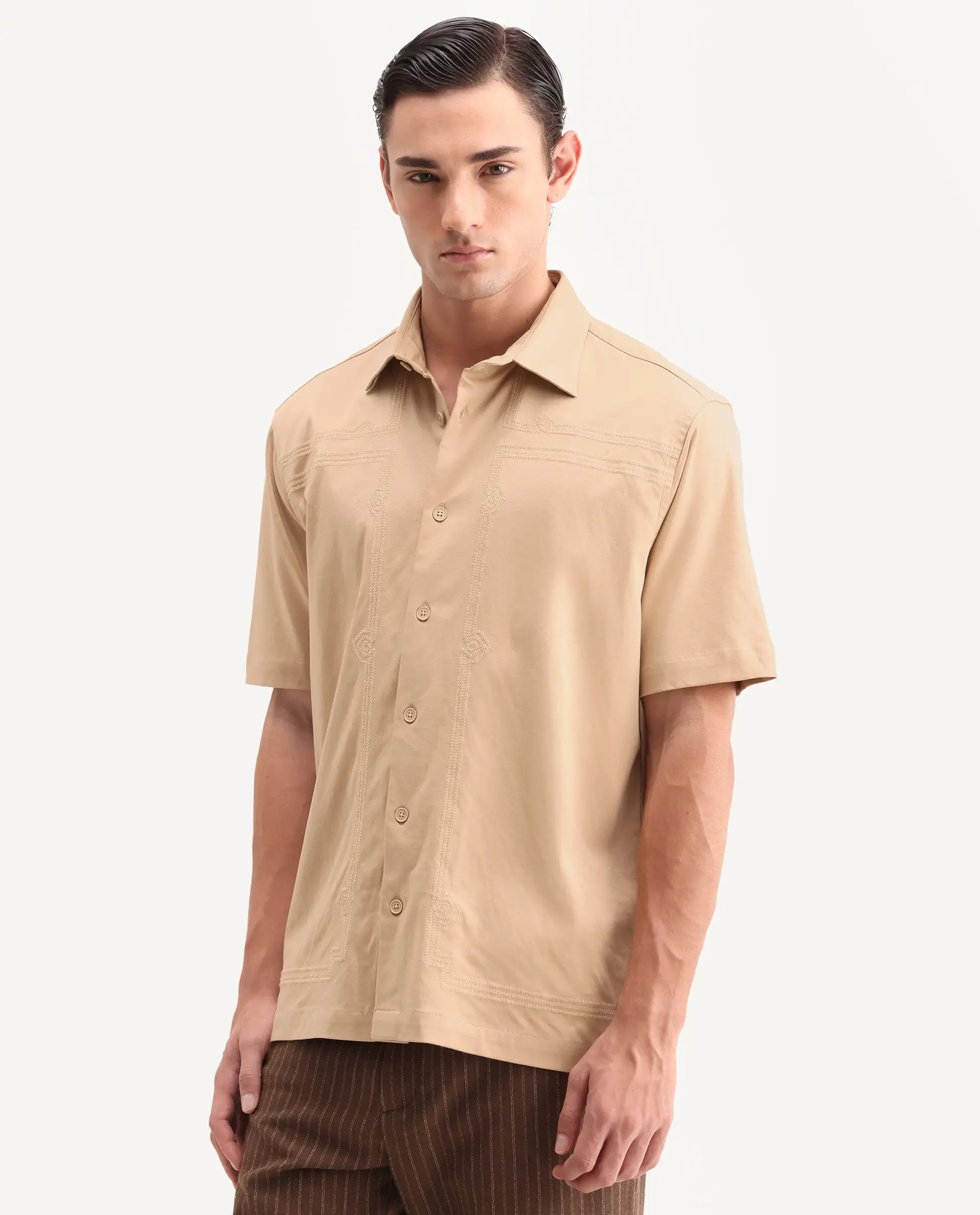Rare Rabbit Men's Jupi Beige Cotton Fabric Spread Collar Regular Fit Embroidered Shirt - Image 6