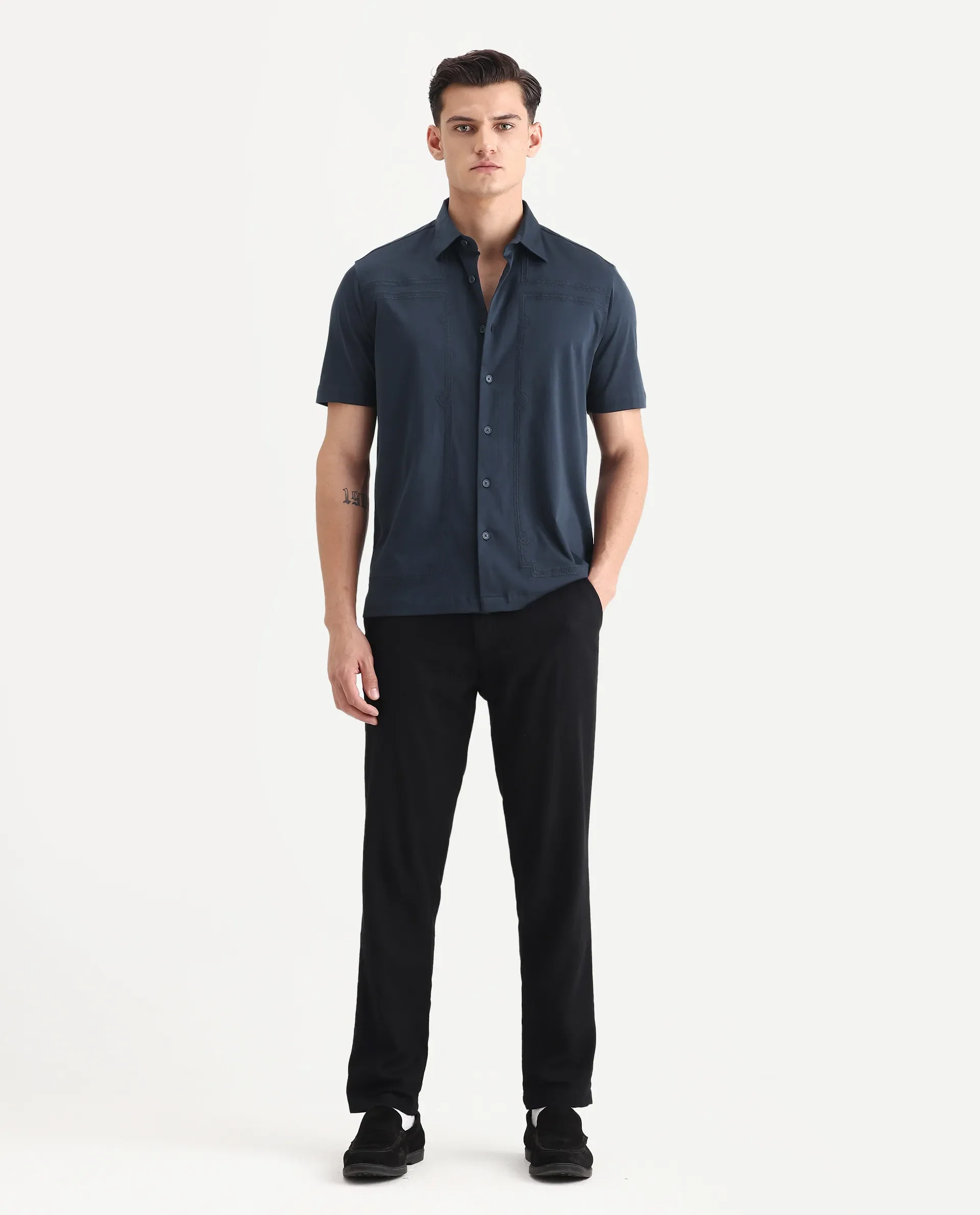 Rare Rabbit Men's Jupi Navy Cotton Fabric Spread Collar Regular Fit Embroidered Shirt - Image 2