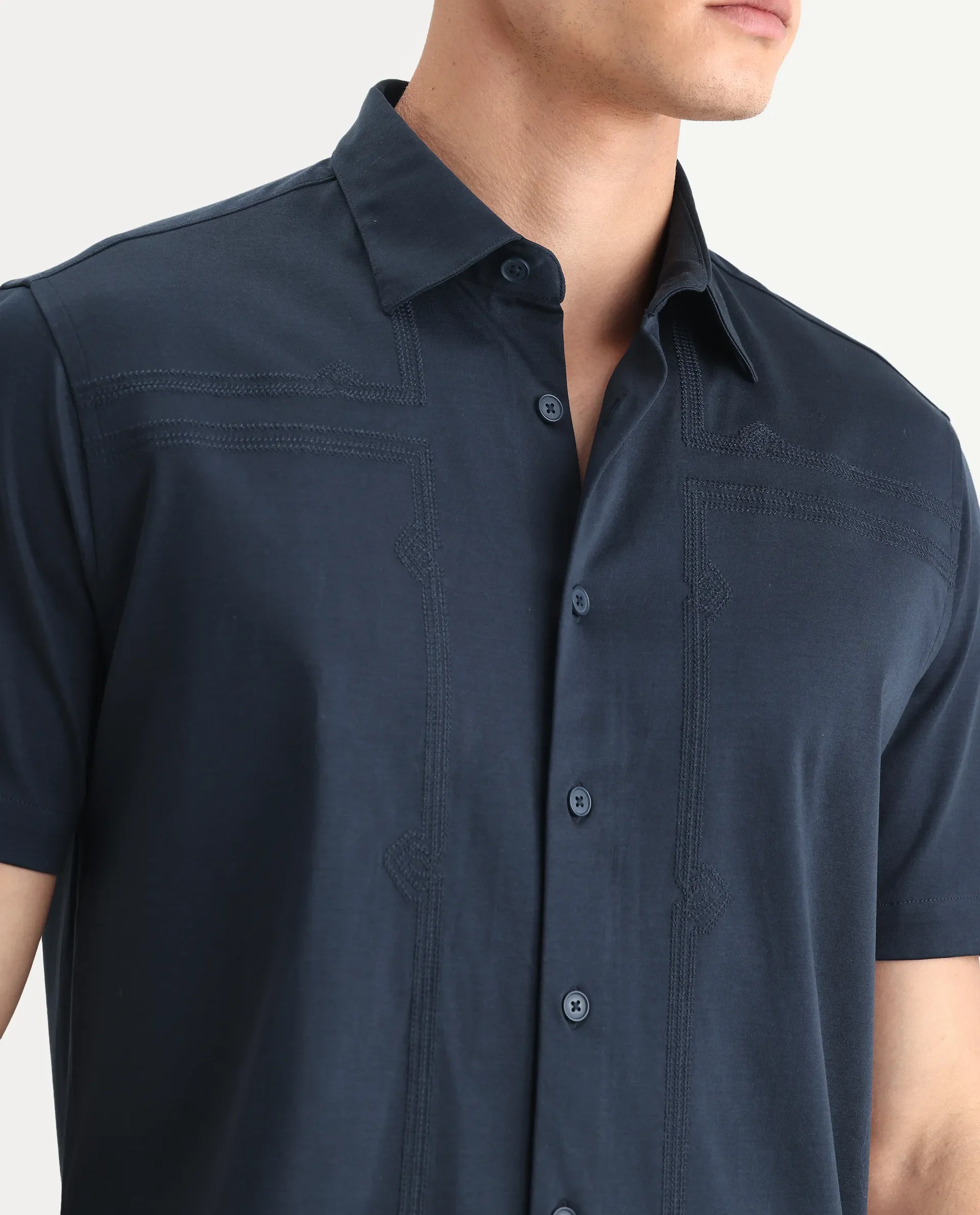 Rare Rabbit Men's Jupi Navy Cotton Fabric Spread Collar Regular Fit Embroidered Shirt - Image 3