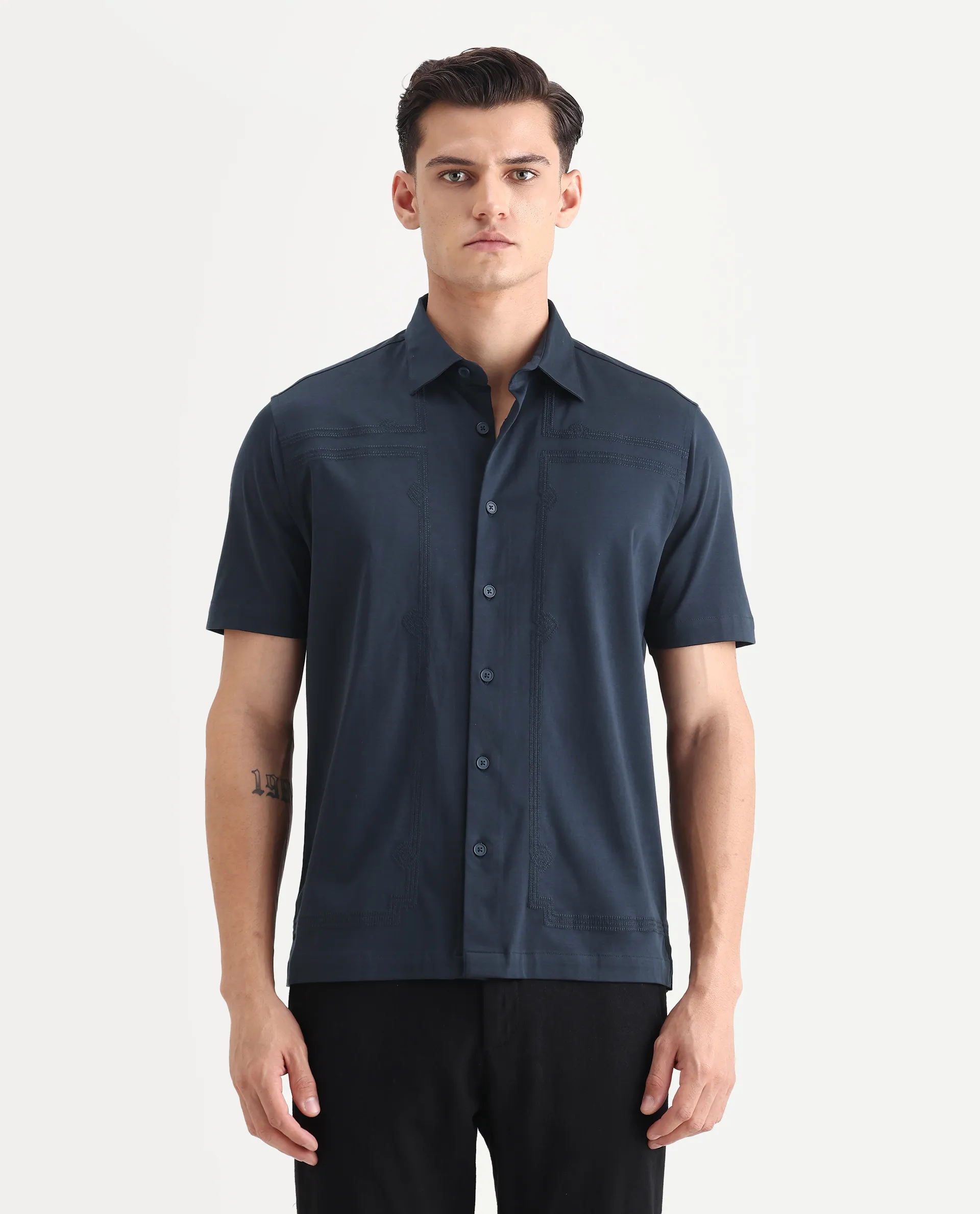 Rare Rabbit Men's Jupi Navy Cotton Fabric Spread Collar Regular Fit Embroidered Shirt - Image 4