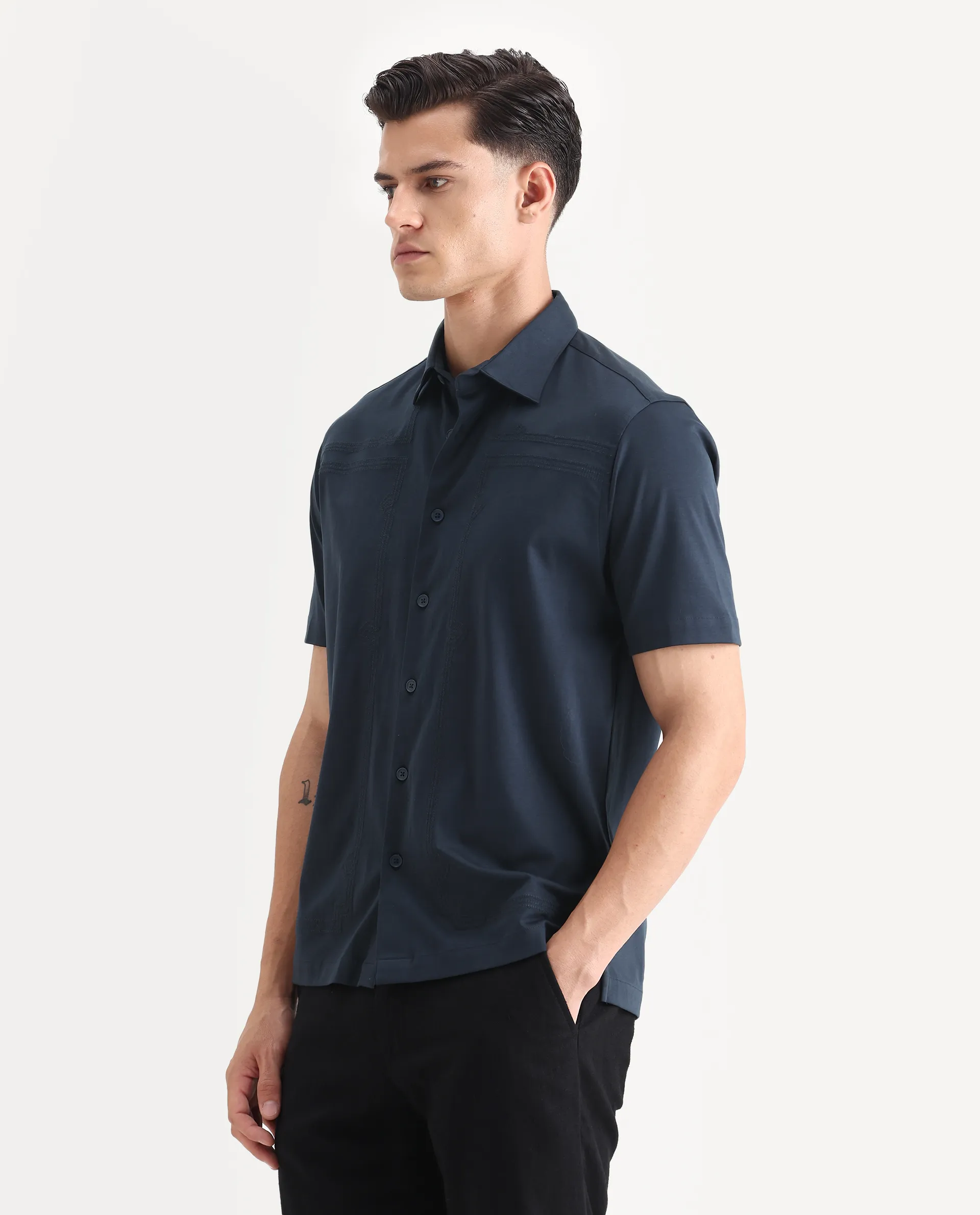 Rare Rabbit Men's Jupi Navy Cotton Fabric Spread Collar Regular Fit Embroidered Shirt - Image 5