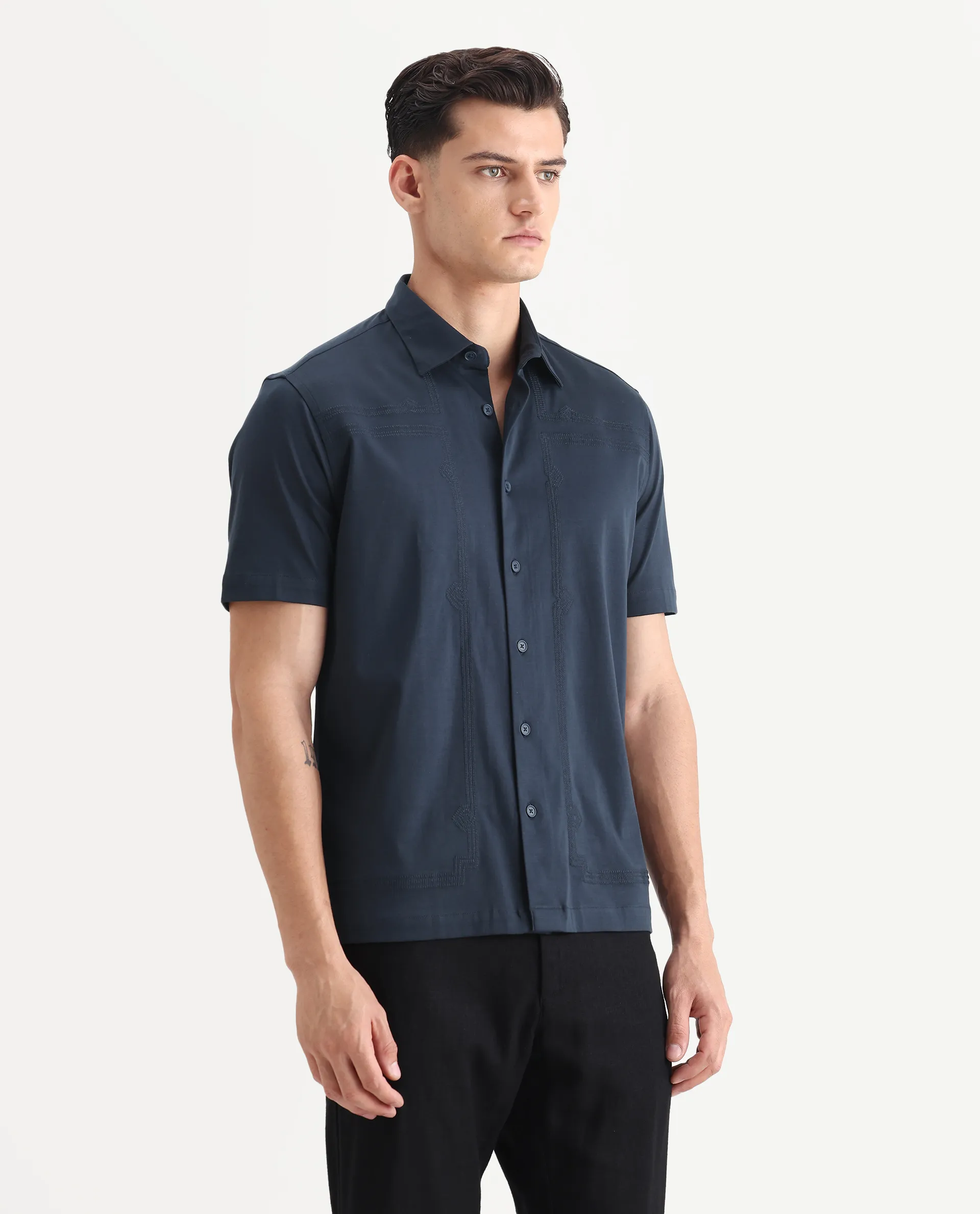 Rare Rabbit Men's Jupi Navy Cotton Fabric Spread Collar Regular Fit Embroidered Shirt - Image 6
