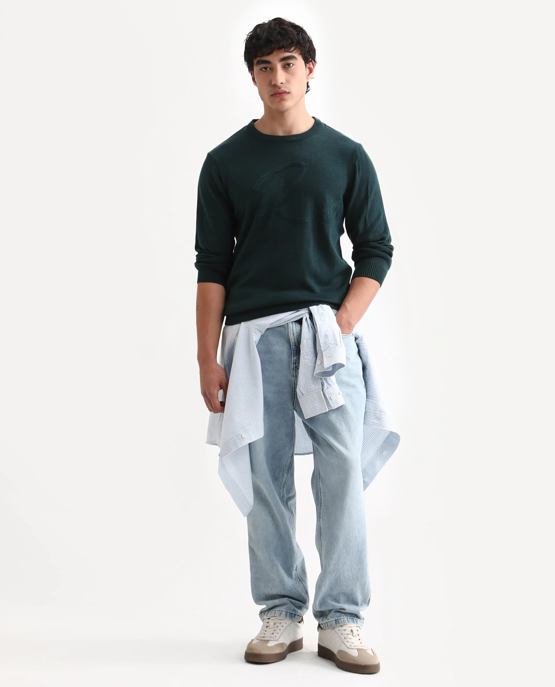 Rare Rabbit Men's Jupiter Teal Acrylic Embroidered Regular Fit Full Sleeve Crew Neck Sweater - Image 2