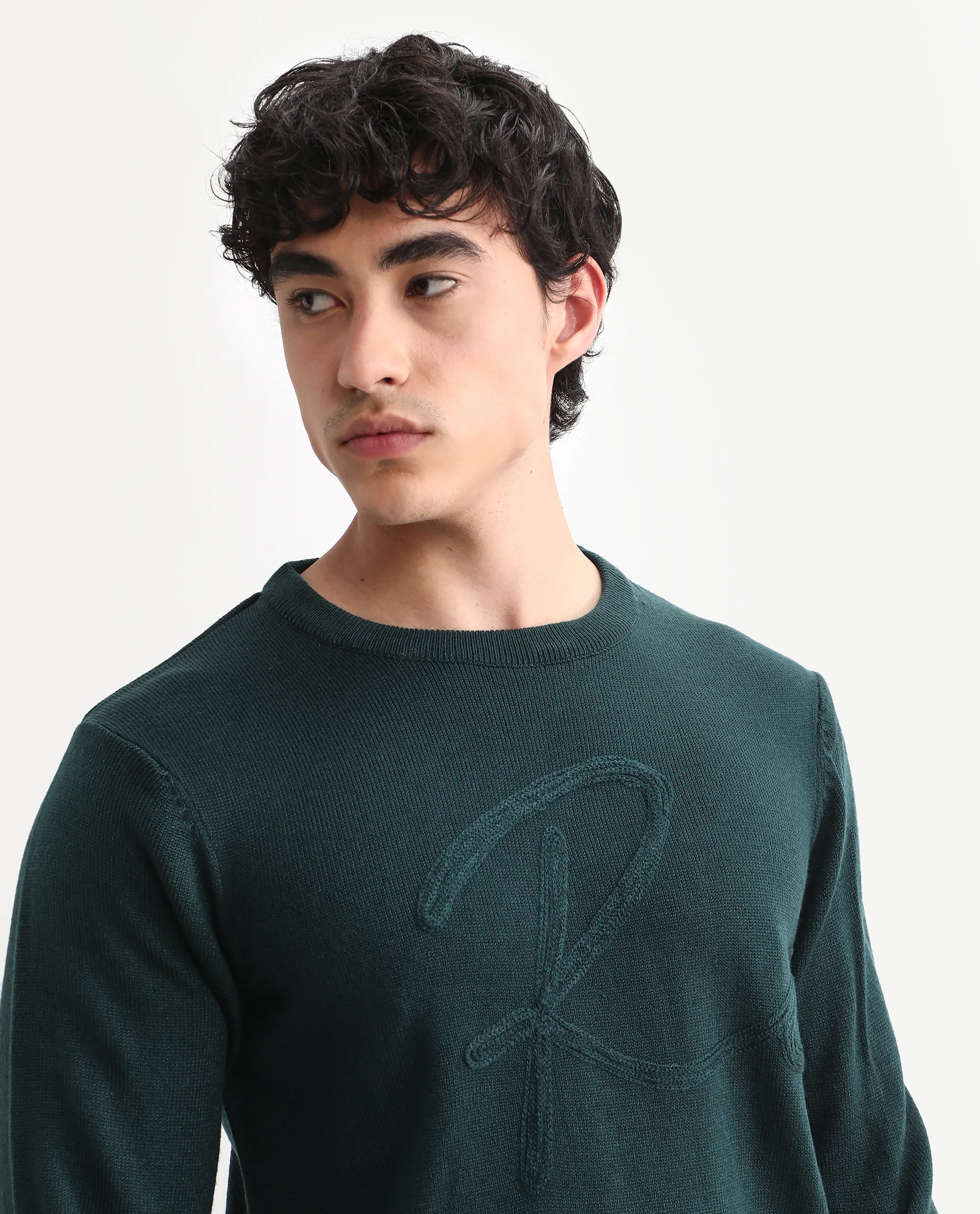 Rare Rabbit Men's Jupiter Teal Acrylic Embroidered Regular Fit Full Sleeve Crew Neck Sweater - Image 3