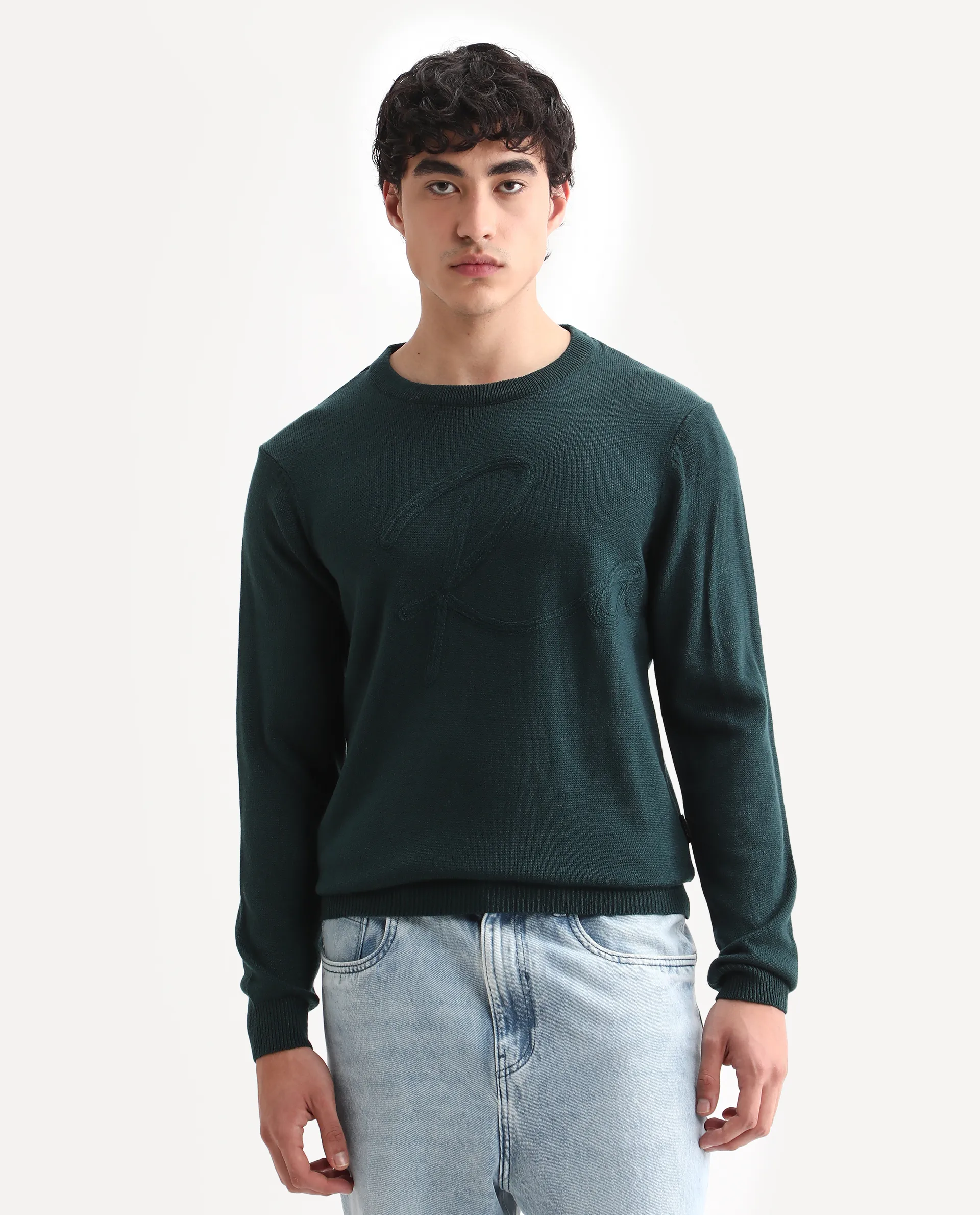 Rare Rabbit Men's Jupiter Teal Acrylic Embroidered Regular Fit Full Sleeve Crew Neck Sweater - Image 4