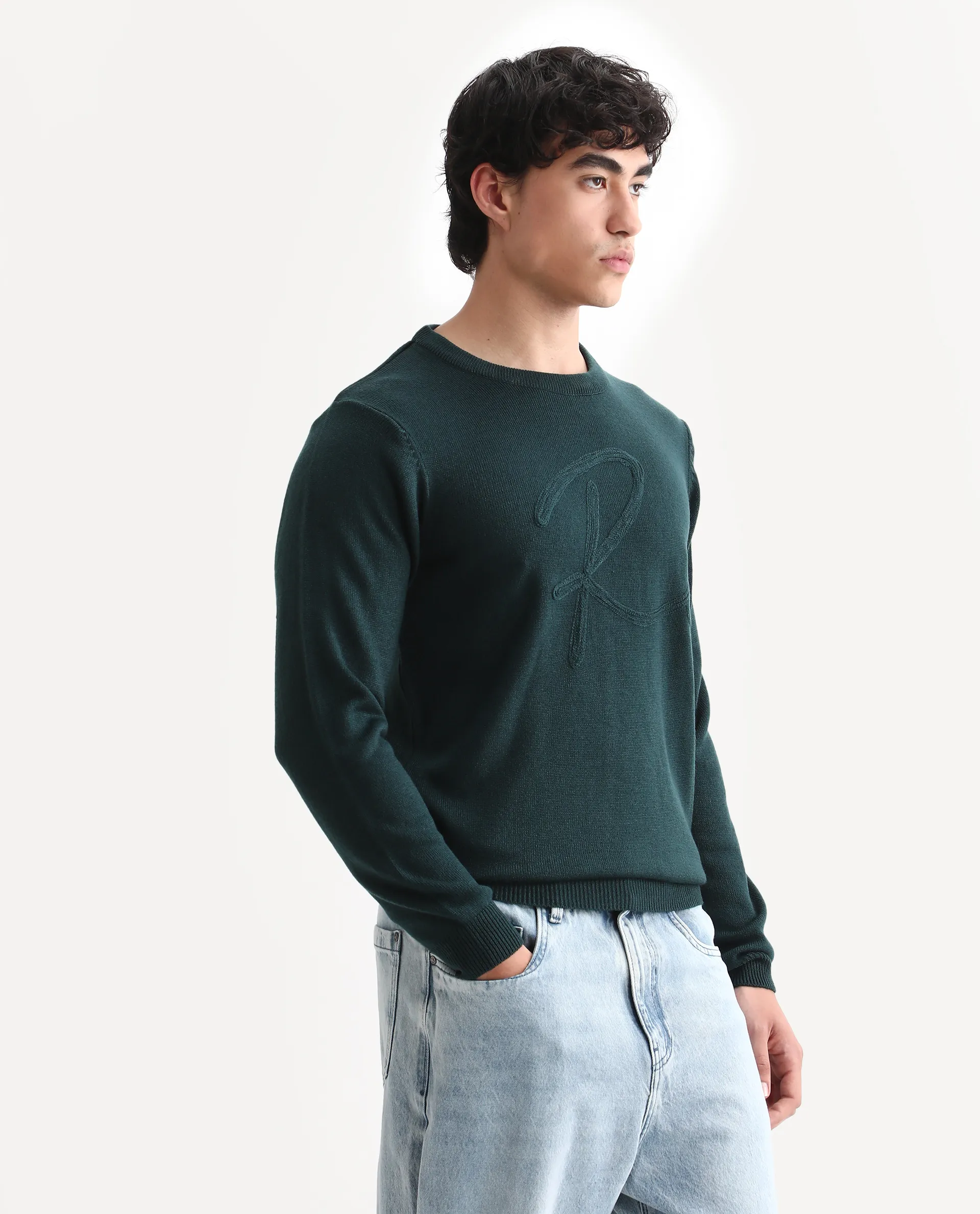 Rare Rabbit Men's Jupiter Teal Acrylic Embroidered Regular Fit Full Sleeve Crew Neck Sweater - Image 5
