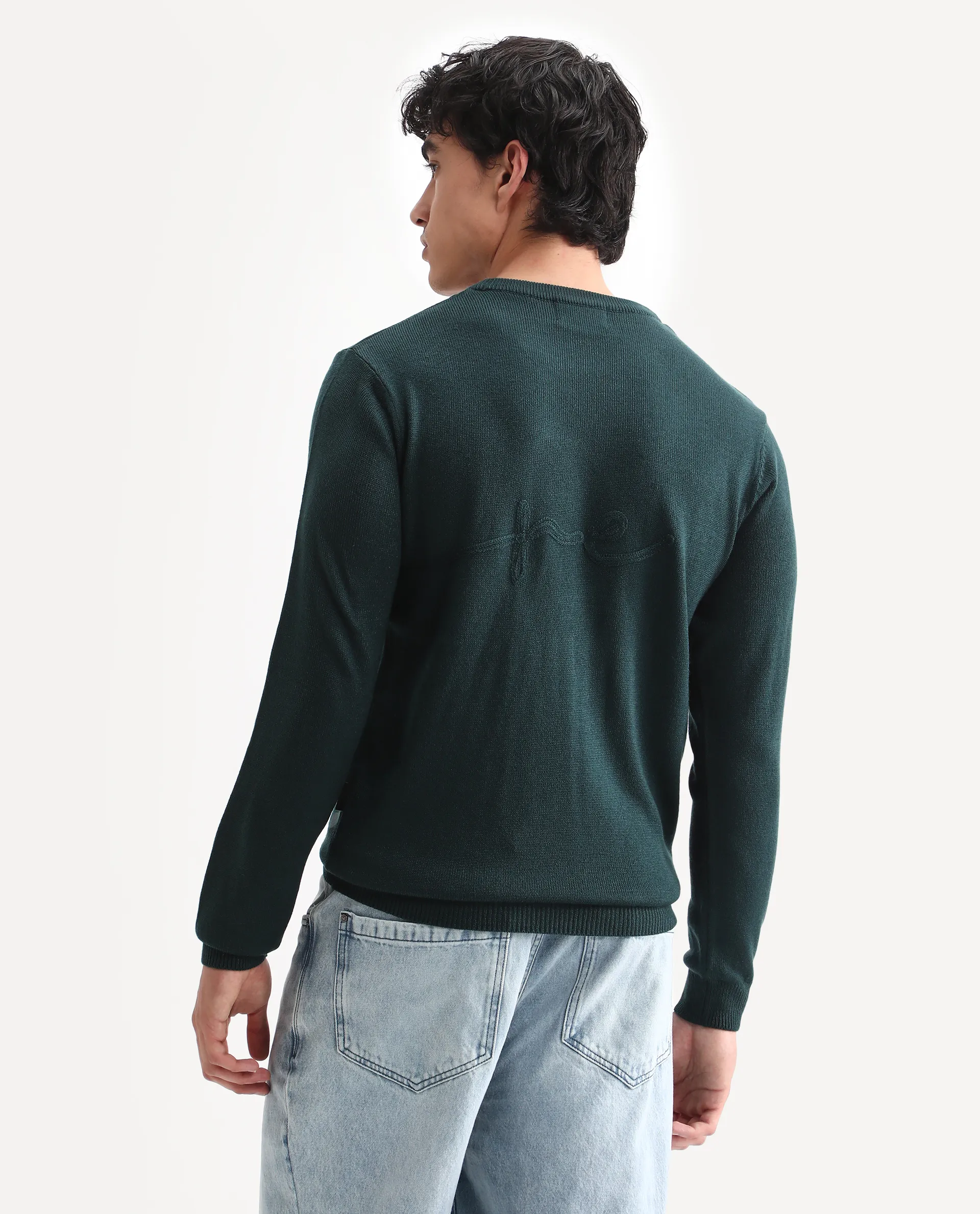 Rare Rabbit Men's Jupiter Teal Acrylic Embroidered Regular Fit Full Sleeve Crew Neck Sweater - Image 7