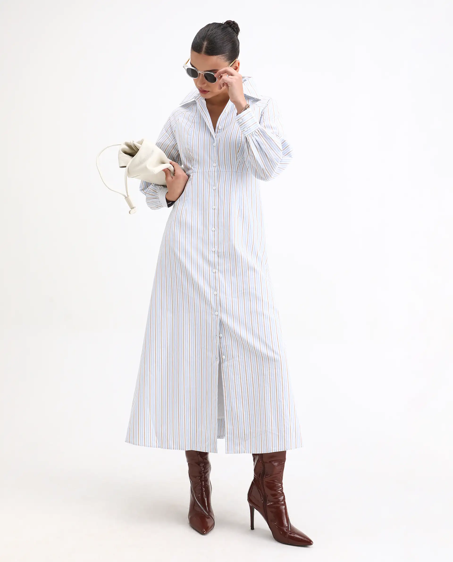 Rareism Women Juqo Light Blue Cotton Fabric Raglan Sleeves Collared Neck Button Closure A-Line Maxi Striped Dress - Image 2