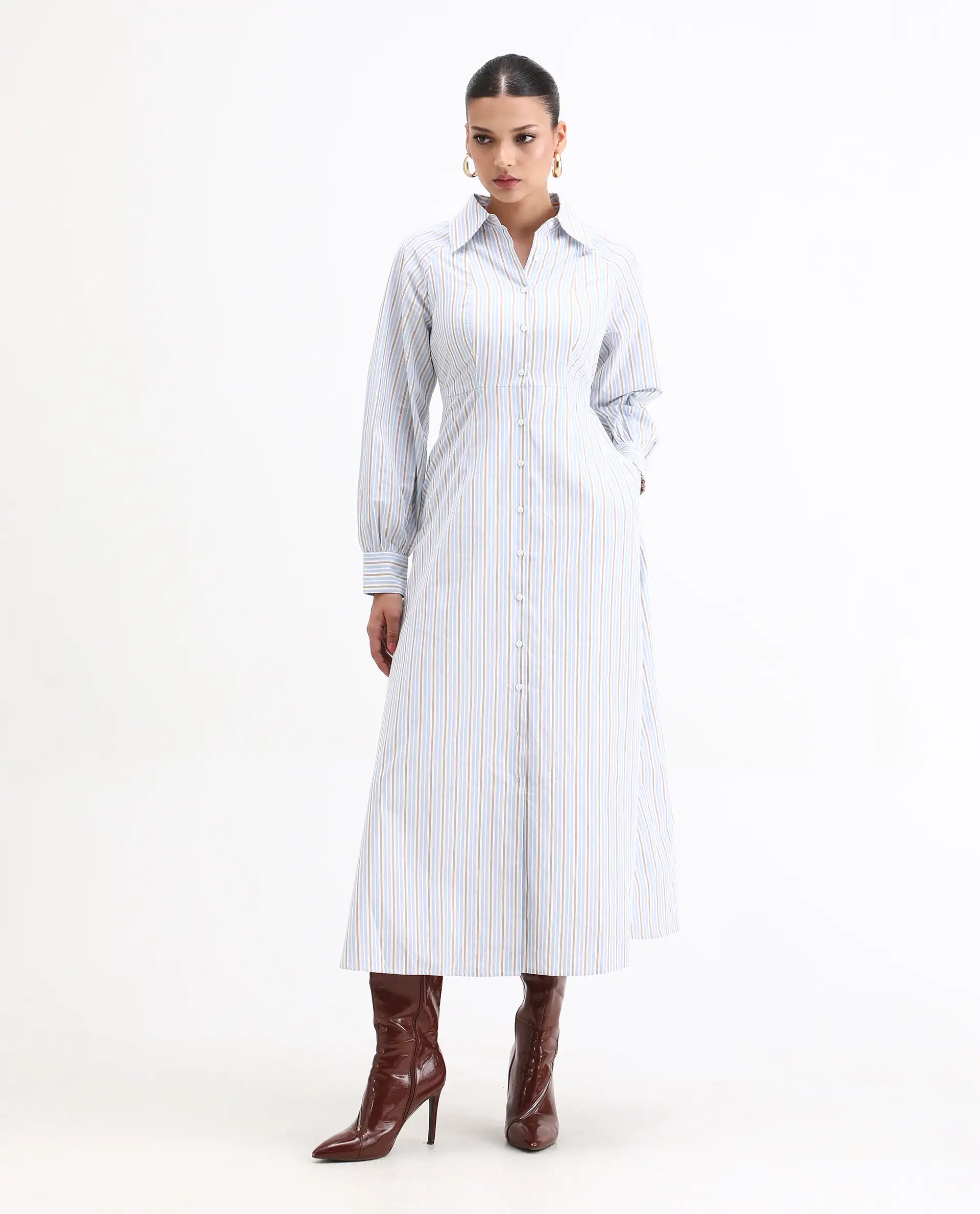 Rareism Women Juqo Light Blue Cotton Fabric Raglan Sleeves Collared Neck Button Closure A-Line Maxi Striped Dress - Image 3