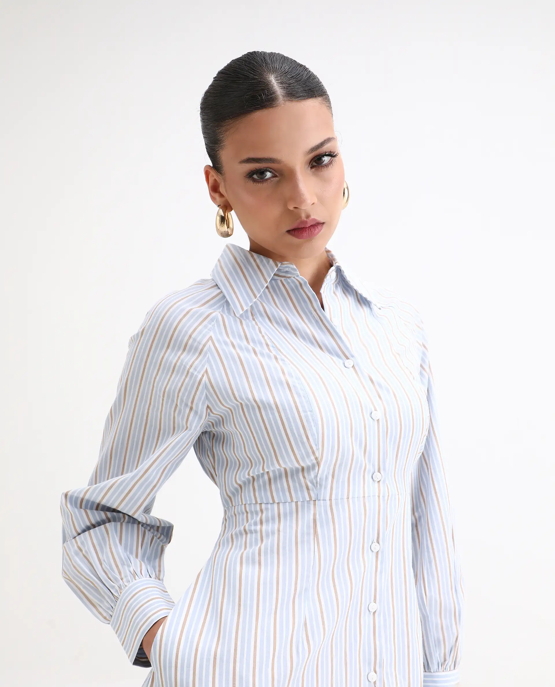Rareism Women Juqo Light Blue Cotton Fabric Raglan Sleeves Collared Neck Button Closure A-Line Maxi Striped Dress - Image 4