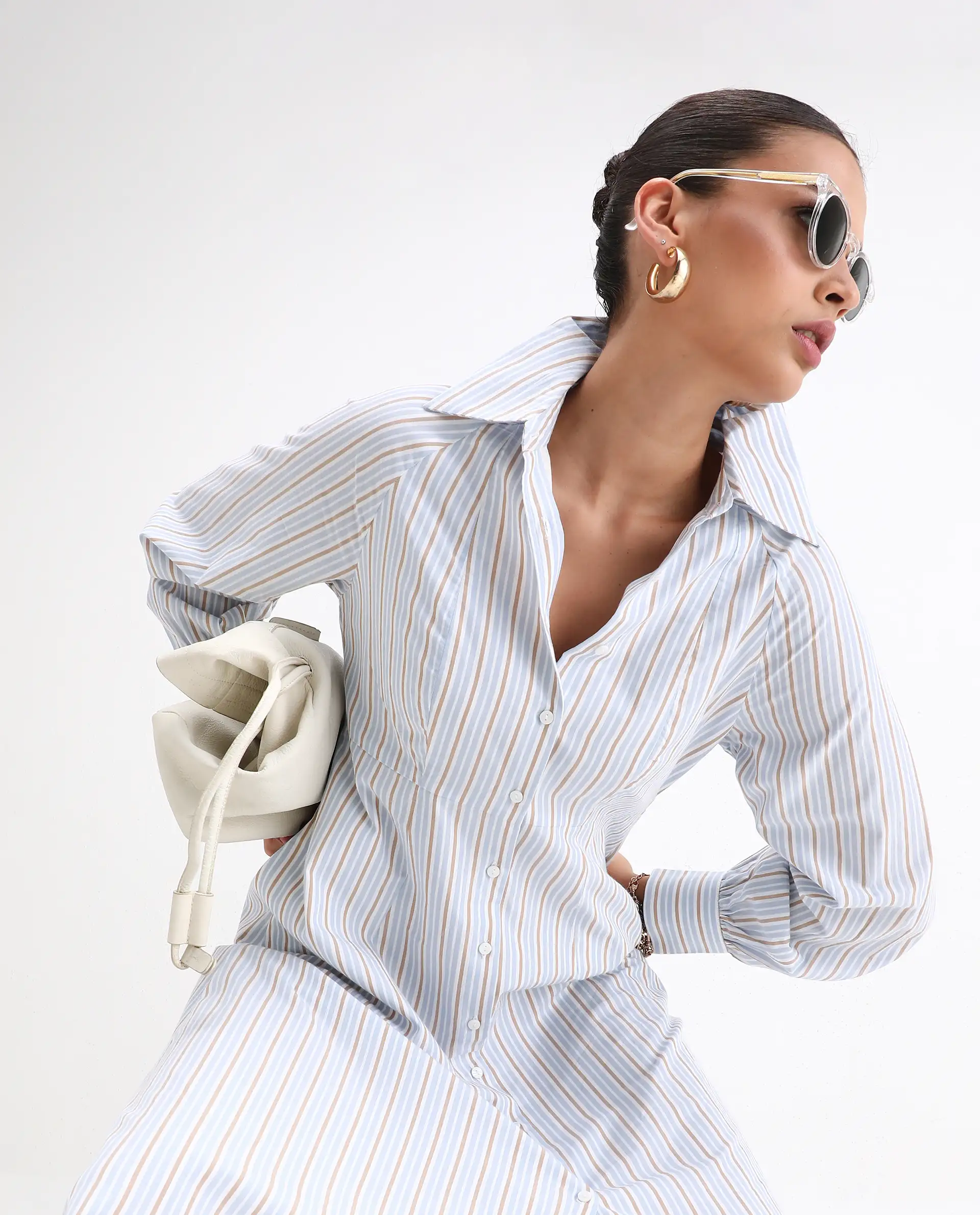 Rareism Women Juqo Light Blue Cotton Fabric Raglan Sleeves Collared Neck Button Closure A-Line Maxi Striped Dress - Image 5