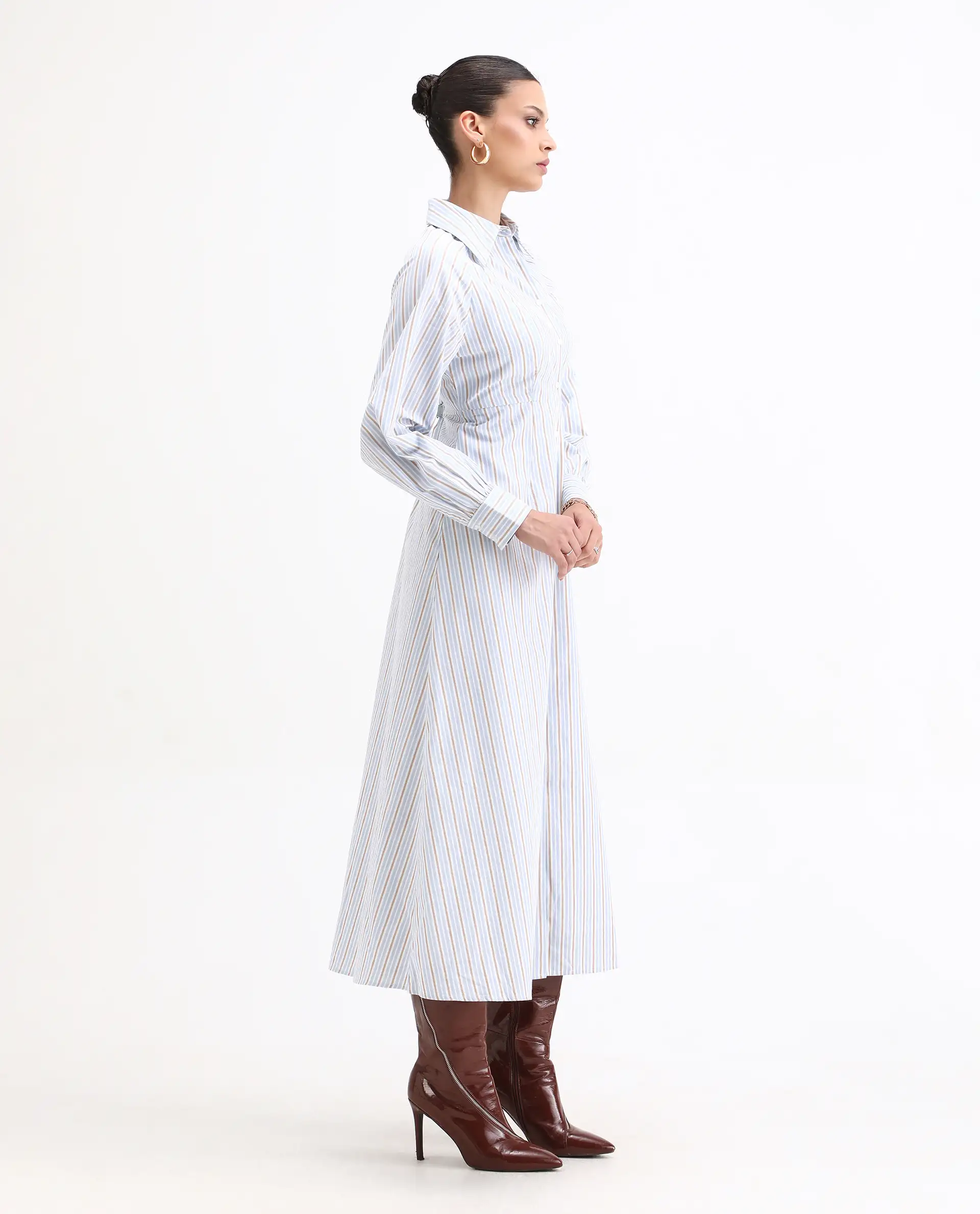 Rareism Women Juqo Light Blue Cotton Fabric Raglan Sleeves Collared Neck Button Closure A-Line Maxi Striped Dress - Image 6