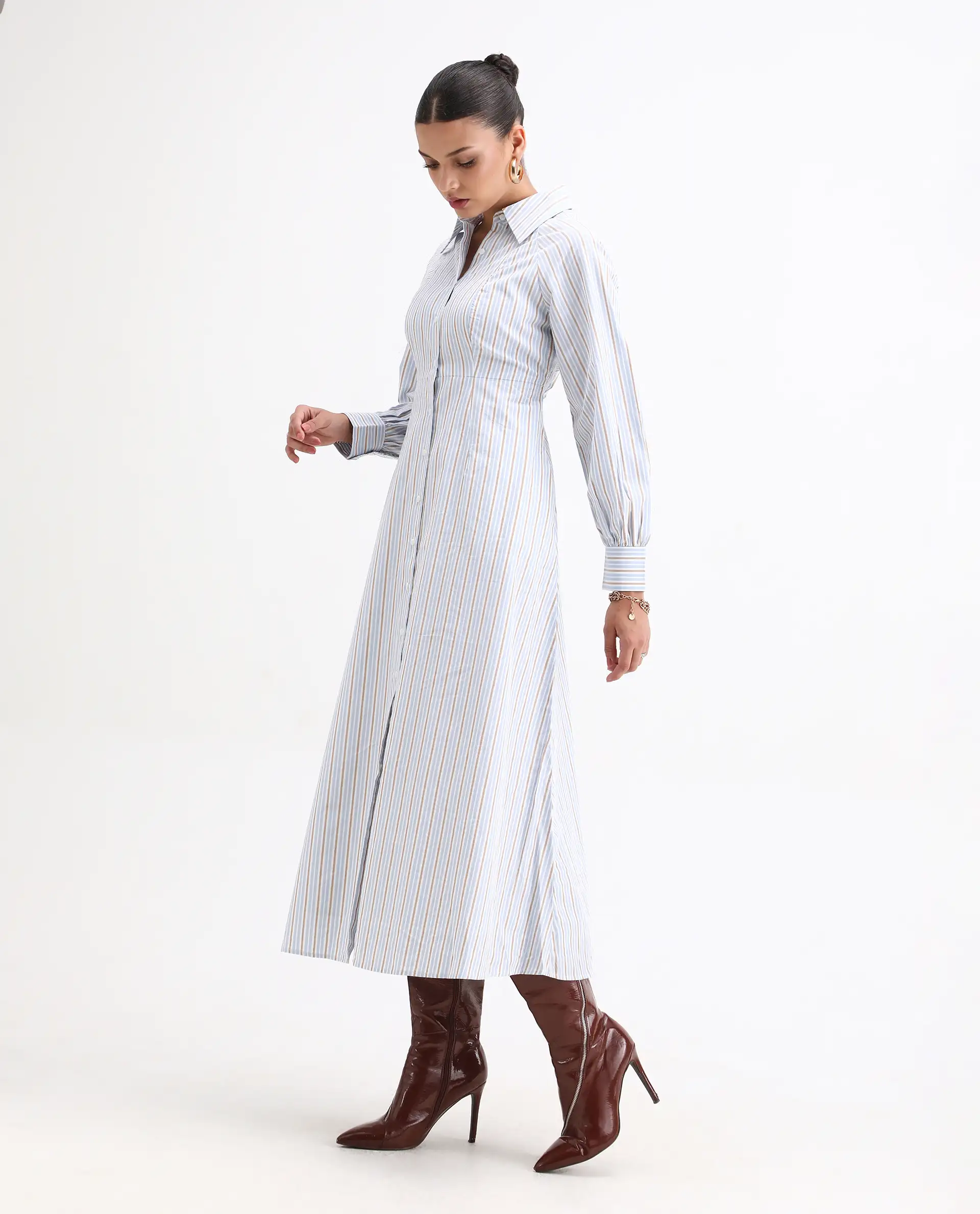 Rareism Women Juqo Light Blue Cotton Fabric Raglan Sleeves Collared Neck Button Closure A-Line Maxi Striped Dress - Image 7