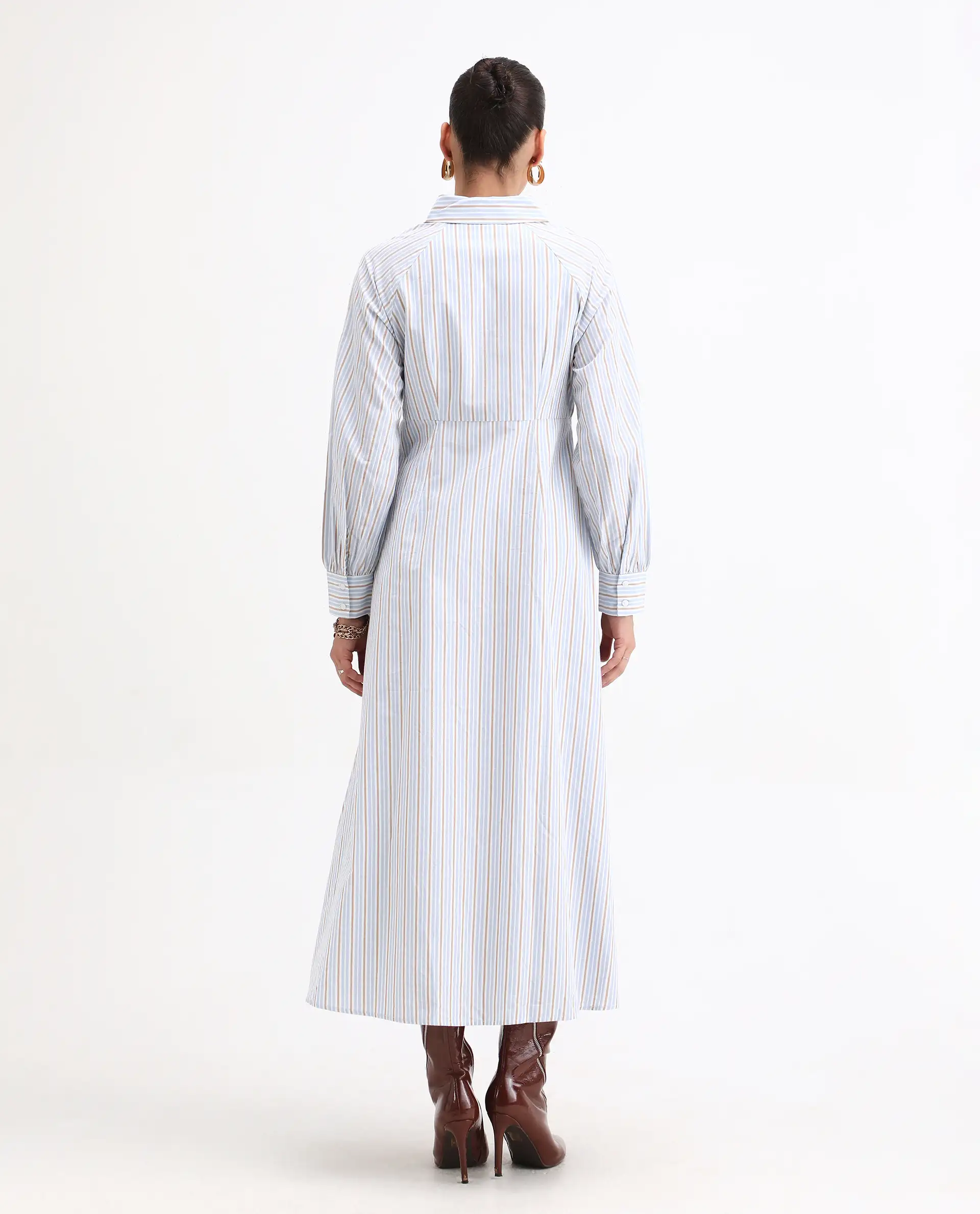 Rareism Women Juqo Light Blue Cotton Fabric Raglan Sleeves Collared Neck Button Closure A-Line Maxi Striped Dress - Image 8