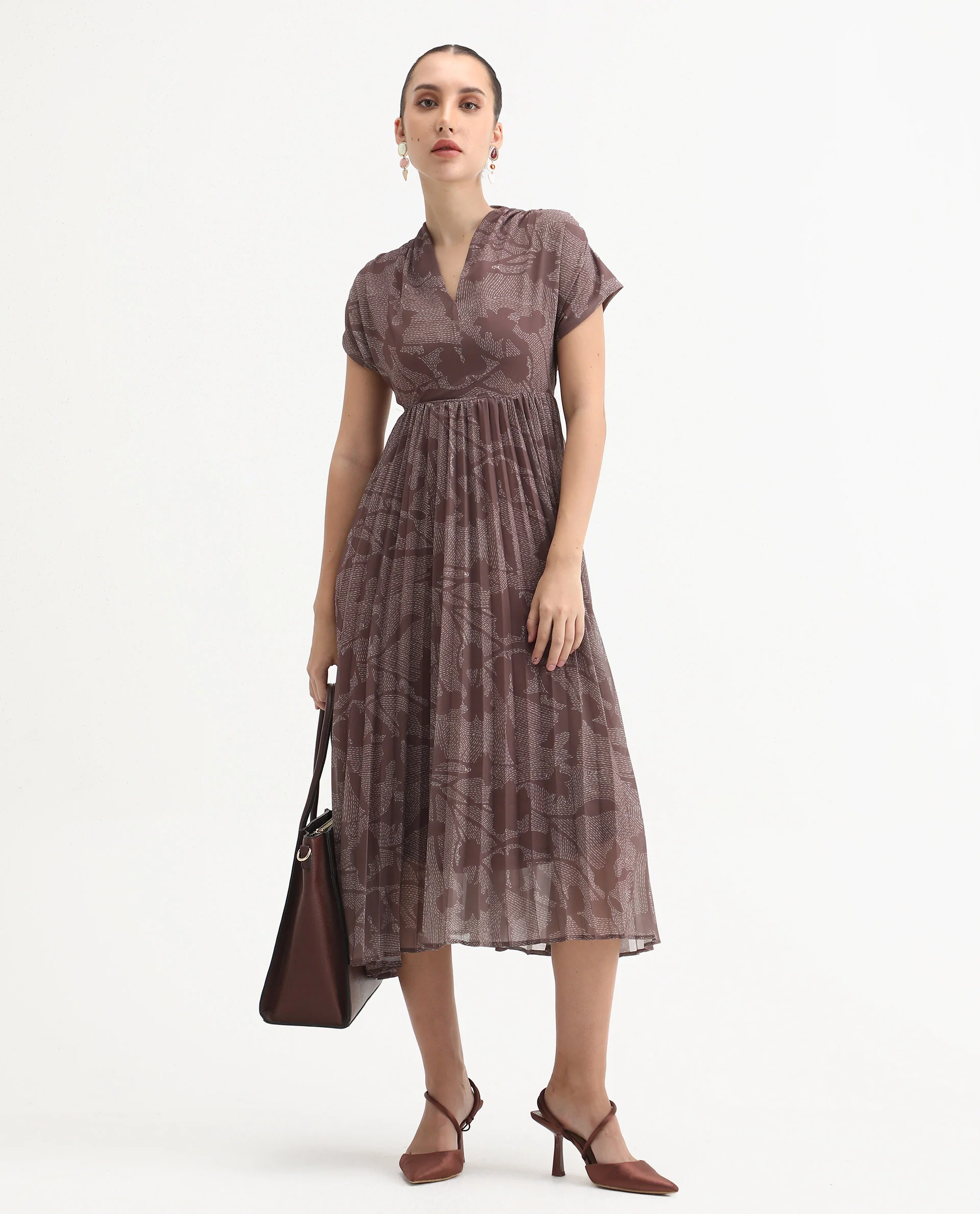 Rareism Women's Juremi Light Brown Cotton V-Neck Fit And Flare Printed Dress - Image 2