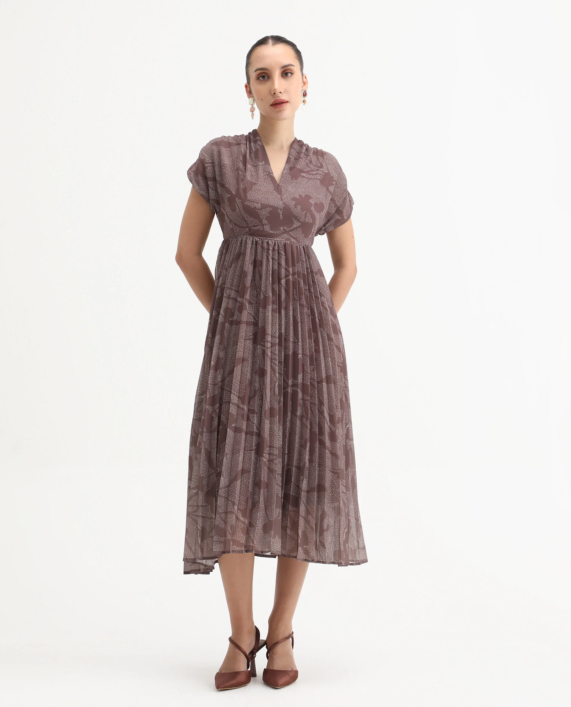 Rareism Women's Juremi Light Brown Cotton V-Neck Fit And Flare Printed Dress - Image 3