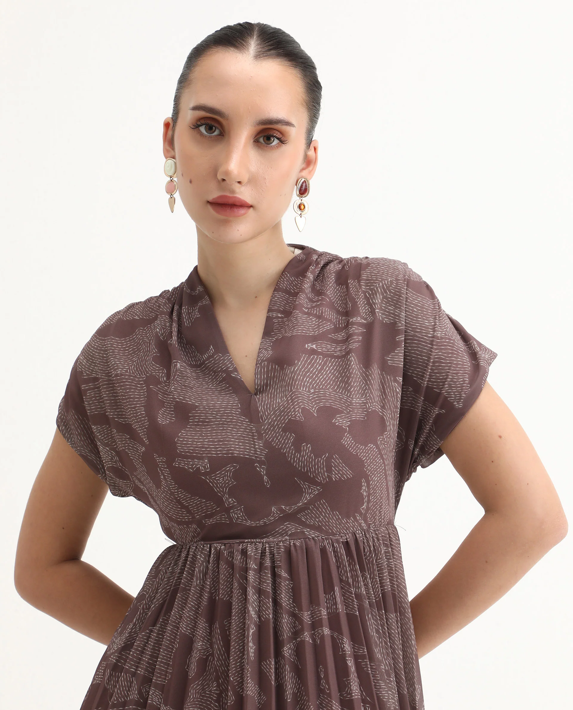 Rareism Women's Juremi Light Brown Cotton V-Neck Fit And Flare Printed Dress - Image 4