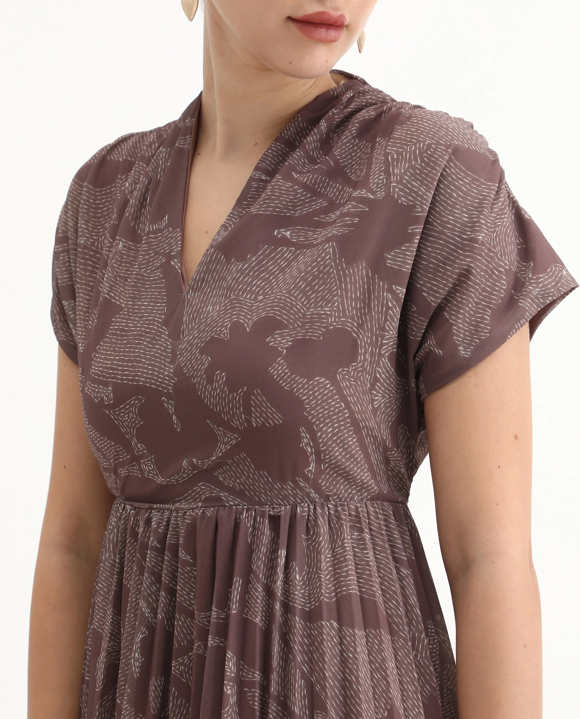 Rareism Women's Juremi Light Brown Cotton V-Neck Fit And Flare Printed Dress - Image 5