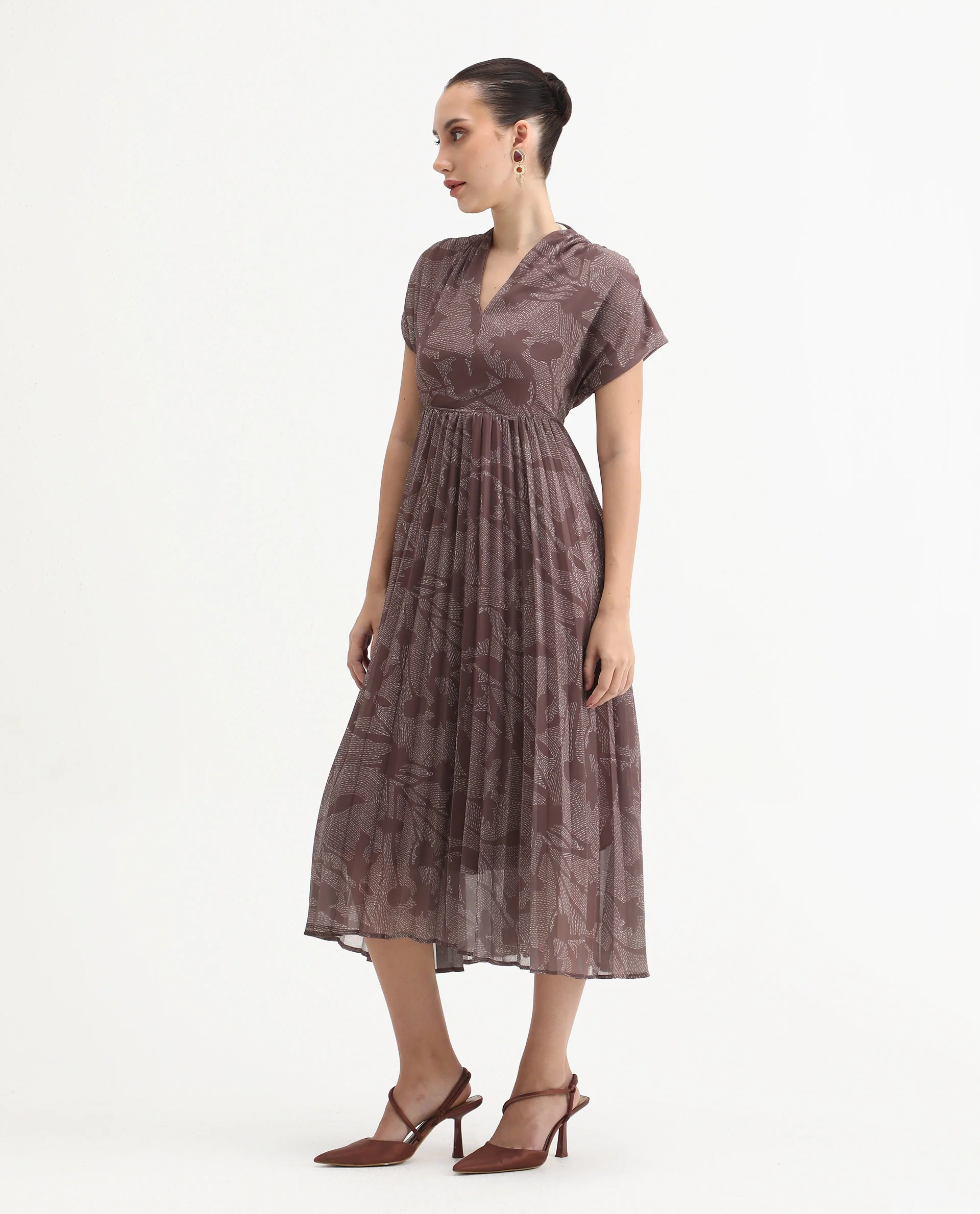 Rareism Women's Juremi Light Brown Cotton V-Neck Fit And Flare Printed Dress - Image 6